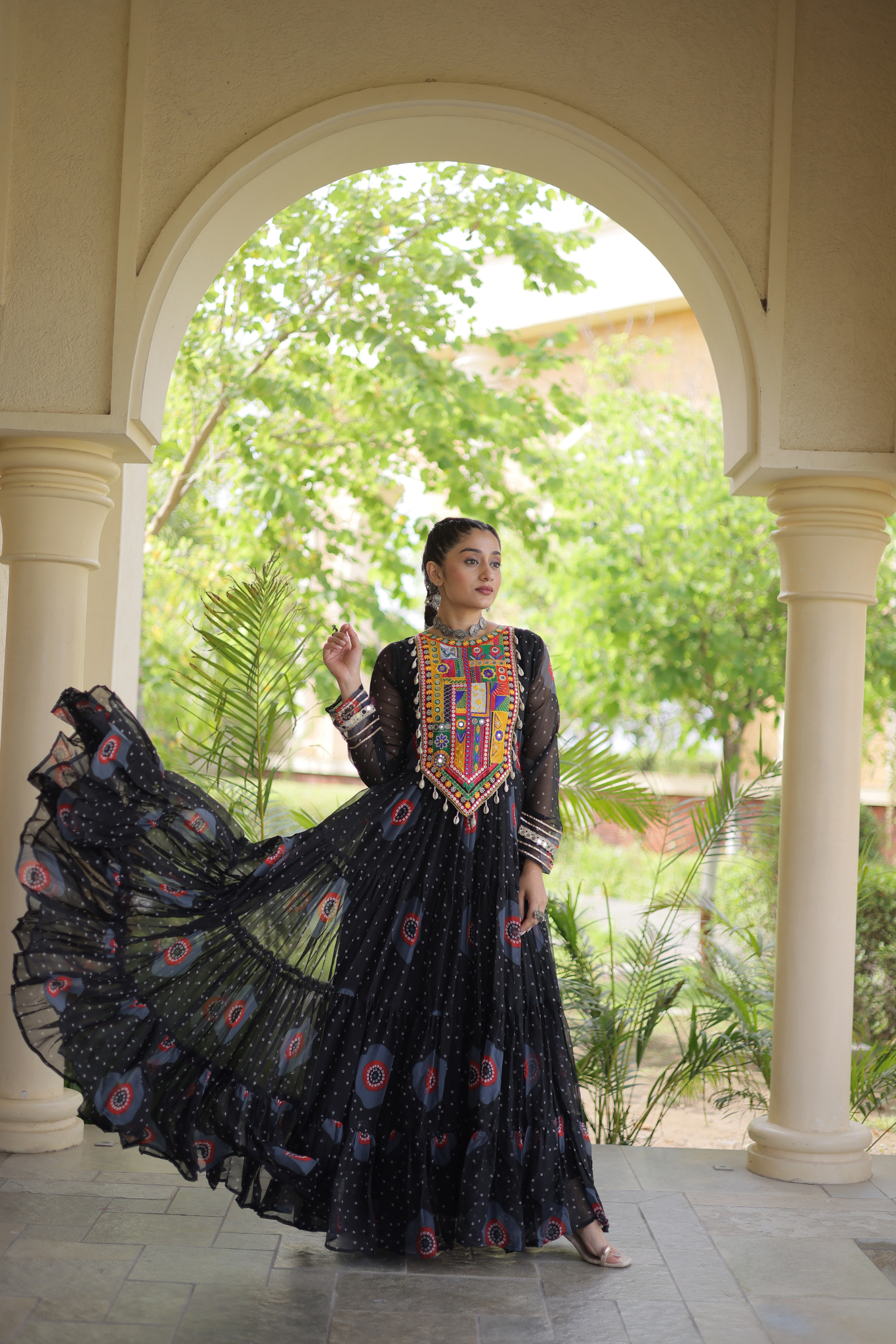 Women's Designer Kutchi Gamthi Embroidered Tiered Anarkali Gown with Mirror Work