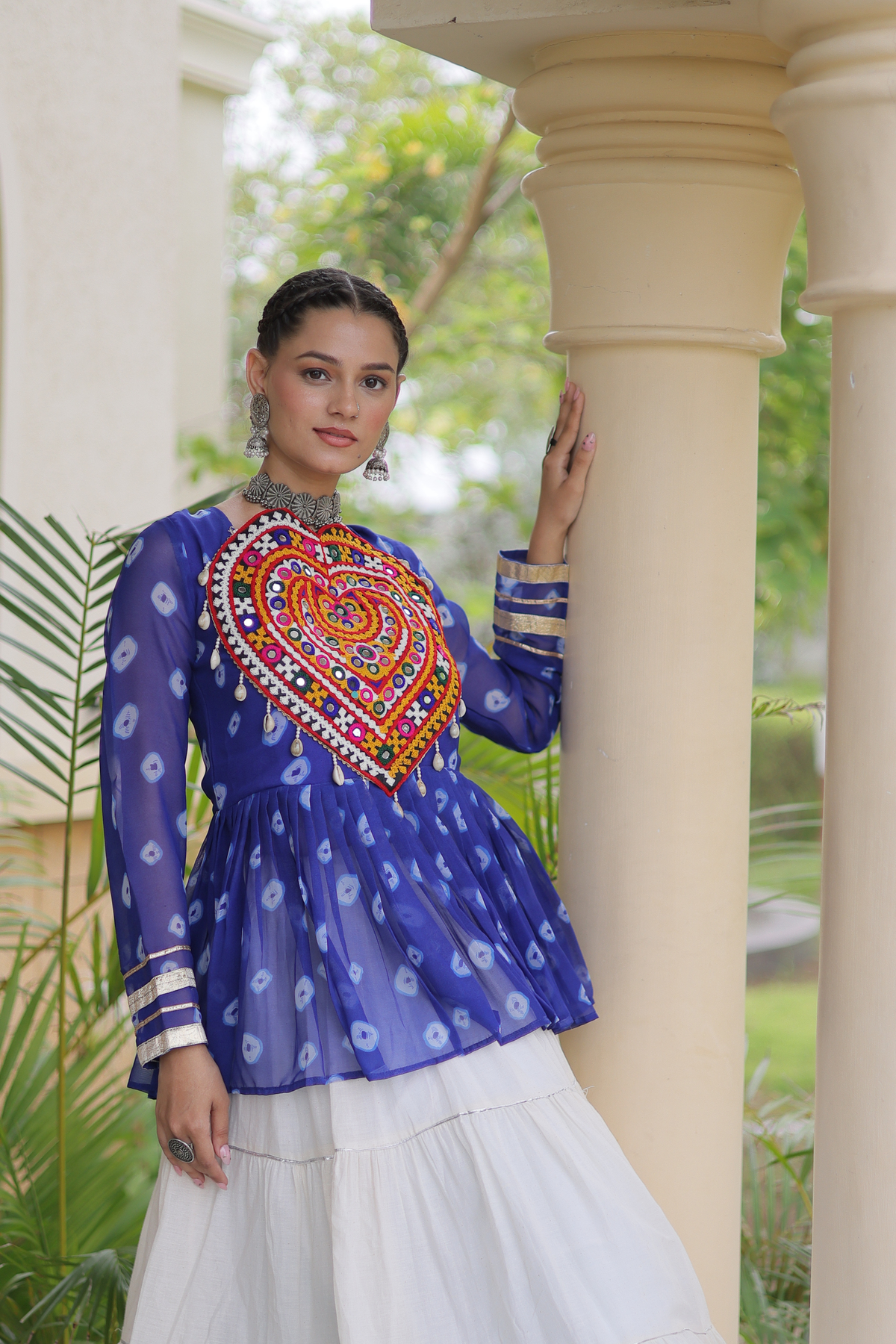 Women’s Designer Black Embroidered Peplum Top with White Flared Lehenga Skirt