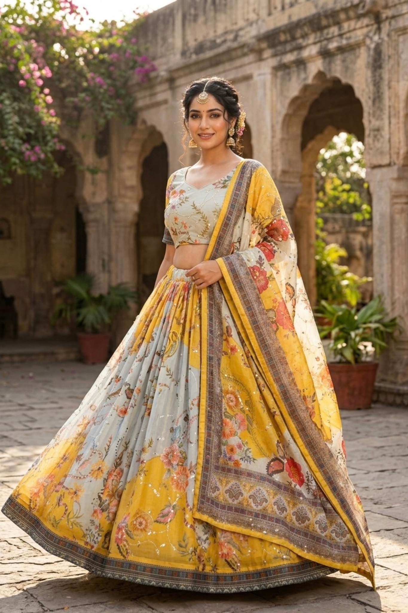Premium Floral Printed Organza Lehenga Choli with Dupatta