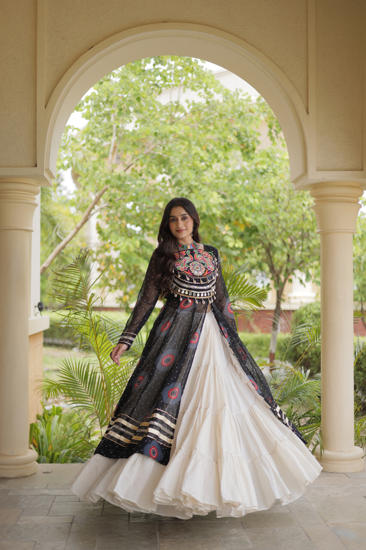 Designer Navratri Lehenga with Traditional Embellished Shrug & Flared Skirt