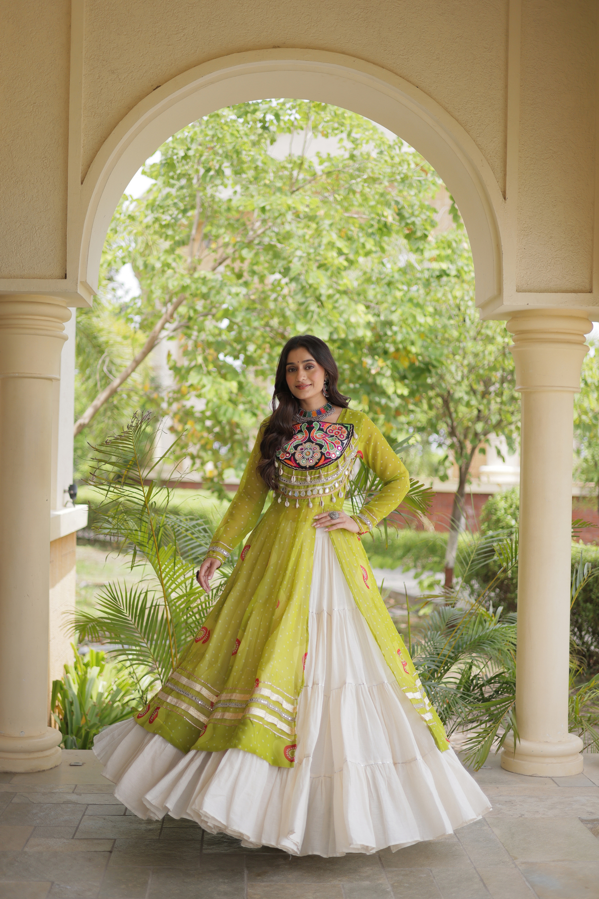 Designer Navratri Lehenga with Traditional Embellished Shrug & Flared Skirt