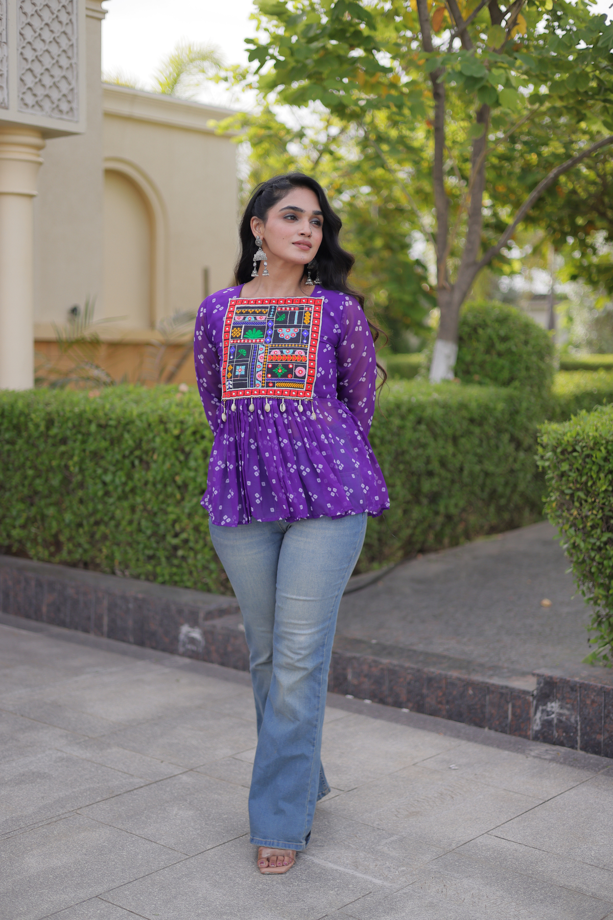 Designer Printed Peplum Top with Embroidered Yoke & Flared Hem