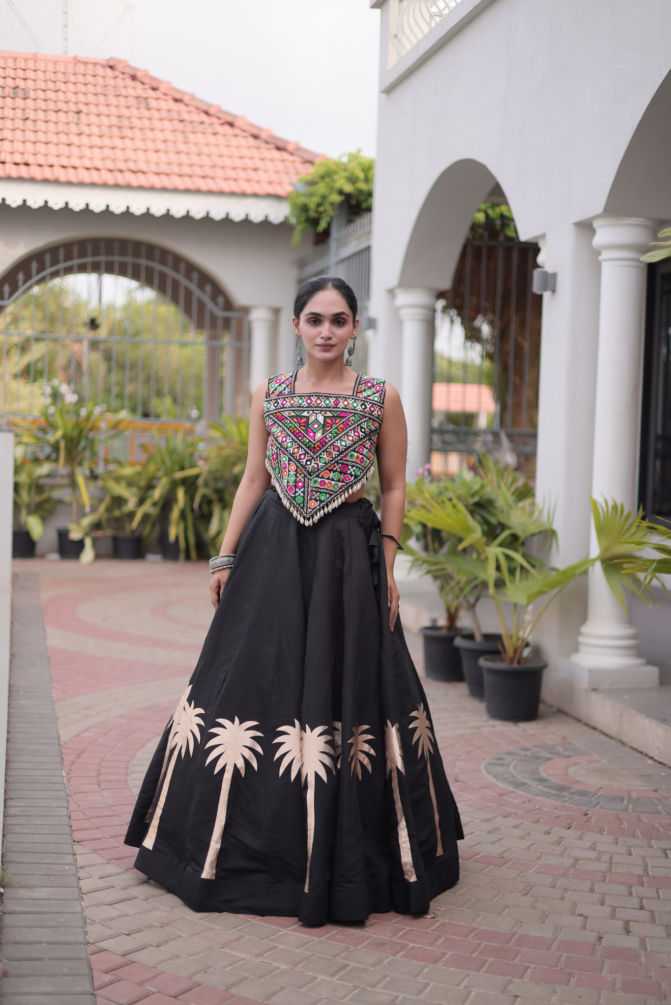Women's Black Embroidered Lehenga Set with Mirror Work Crop Top | Navratri & Festive Wear