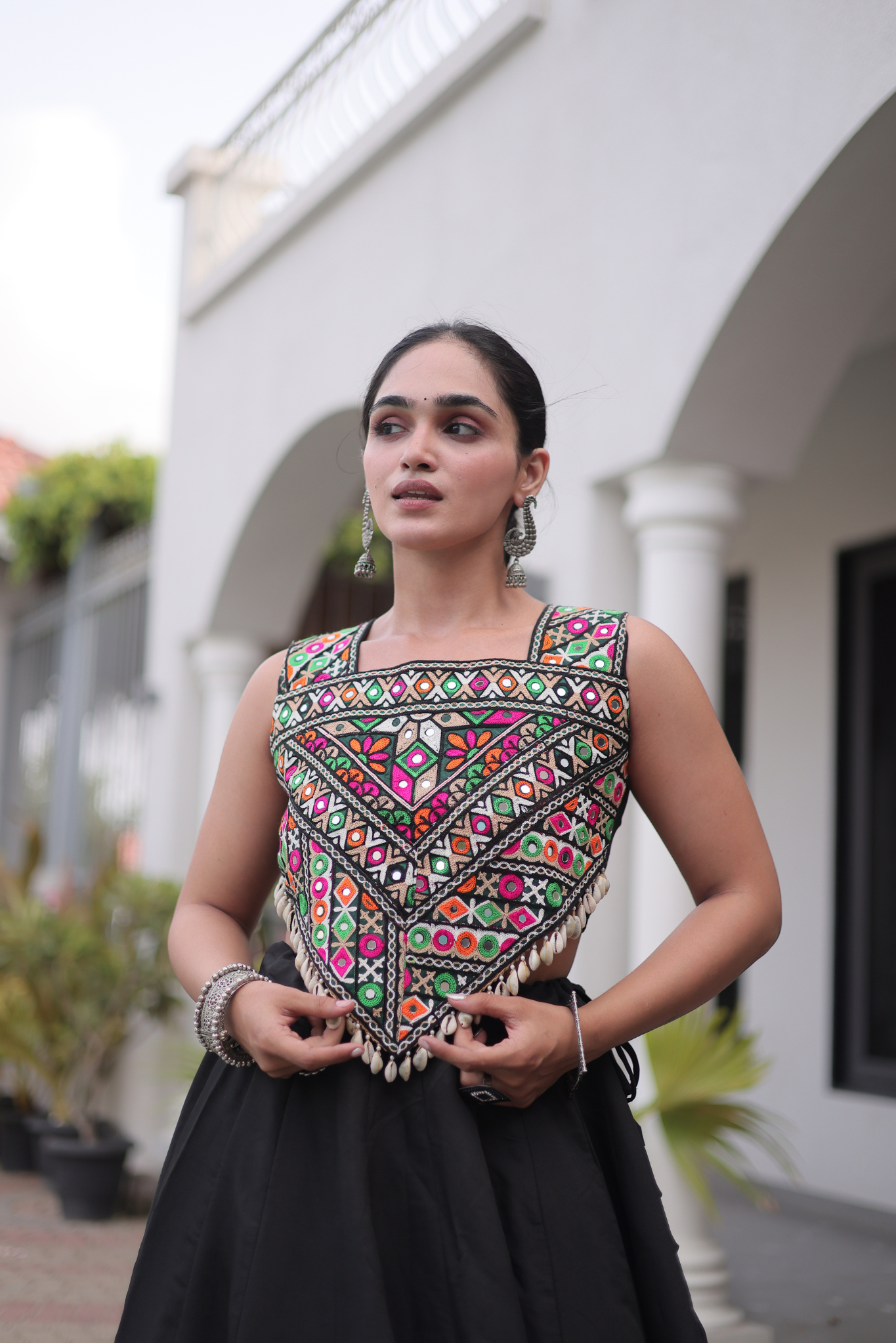 Women's Black Embroidered Lehenga Set with Mirror Work Crop Top | Navratri & Festive Wear