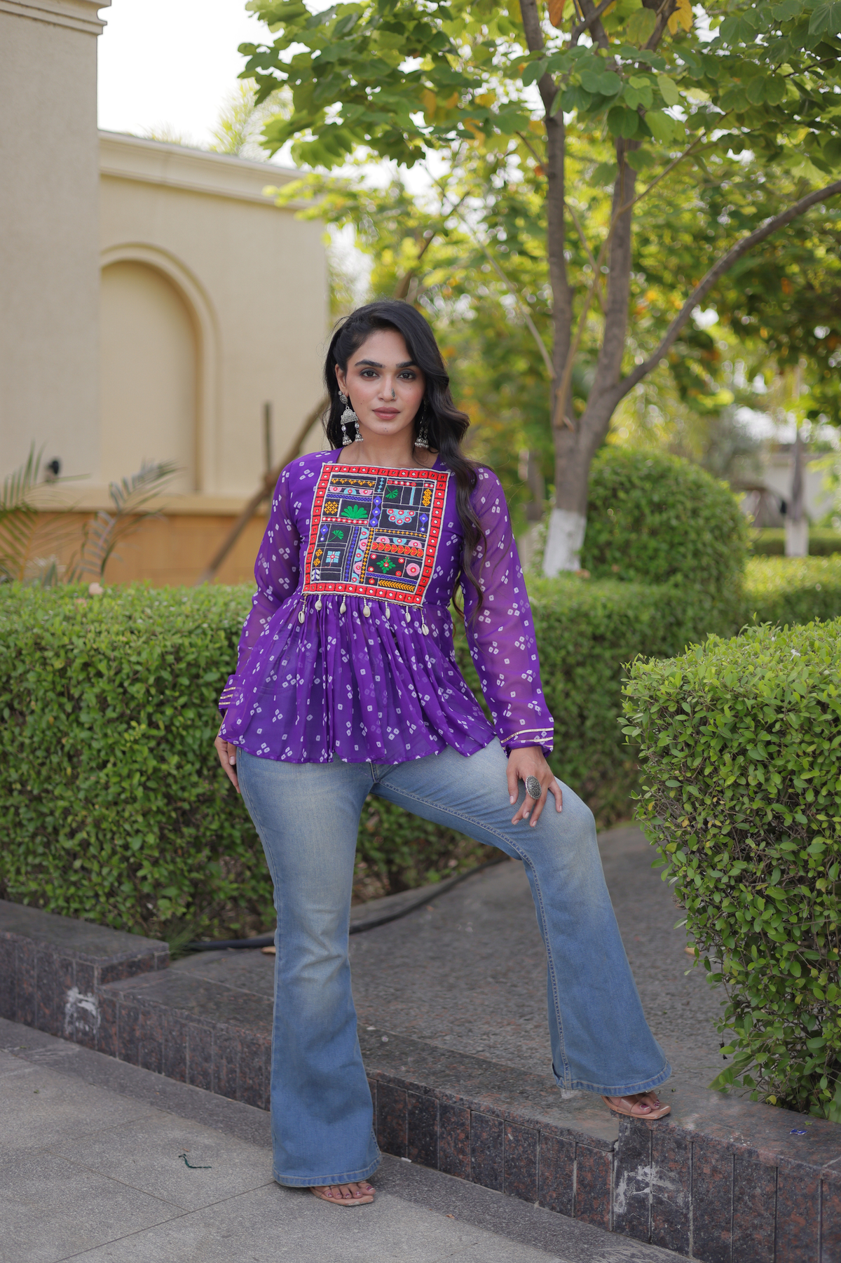 Designer Printed Peplum Top with Embroidered Yoke & Flared Hem