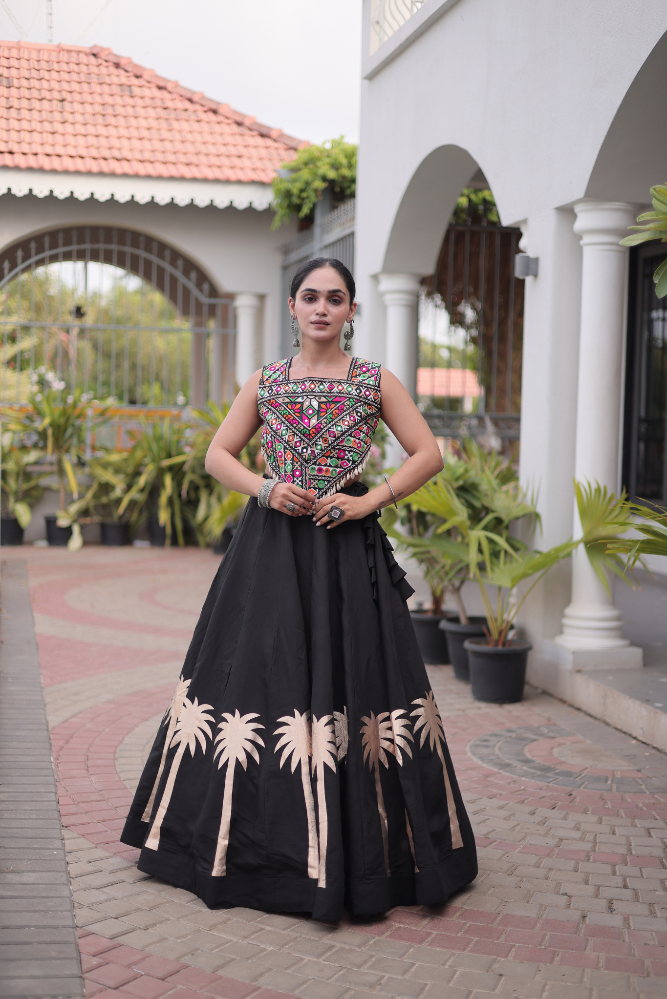 Women's Black Embroidered Lehenga Set with Mirror Work Crop Top | Navratri & Festive Wear