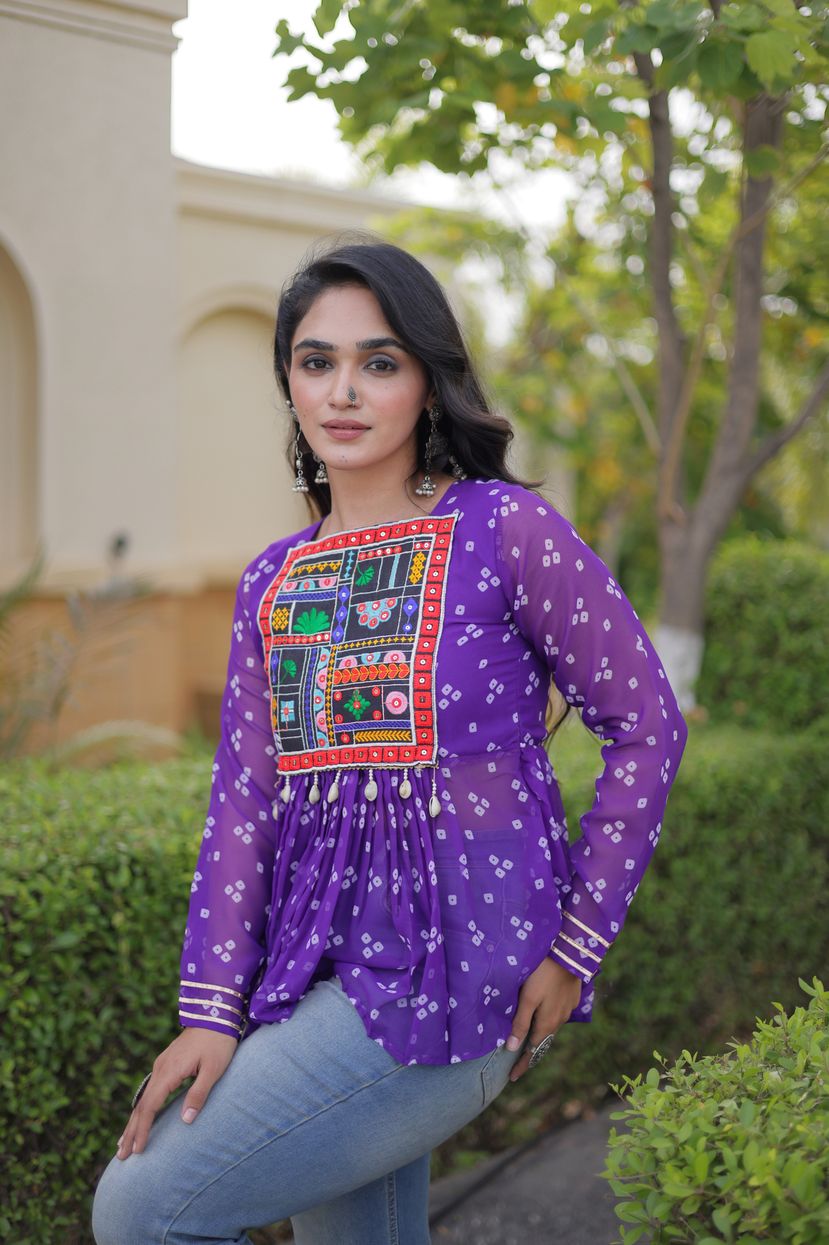 Designer Printed Peplum Top with Embroidered Yoke & Flared Hem