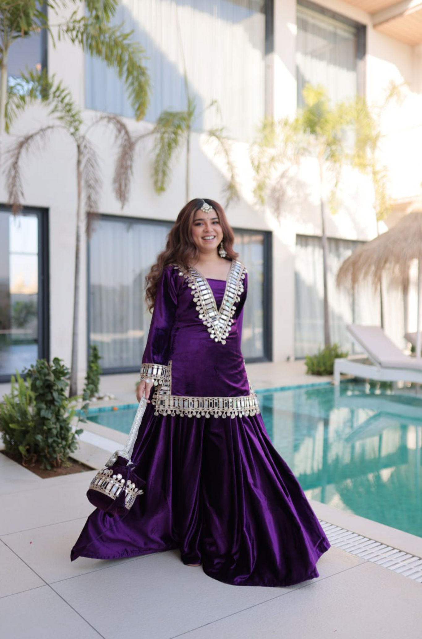 Velvet Mirror Work Kurti Palazzo Set with Batwa