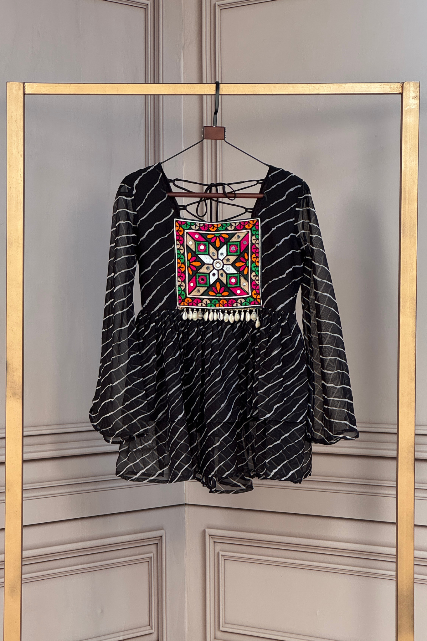 Women's Leheriya Peplum Top with Handcrafted Mirror Work