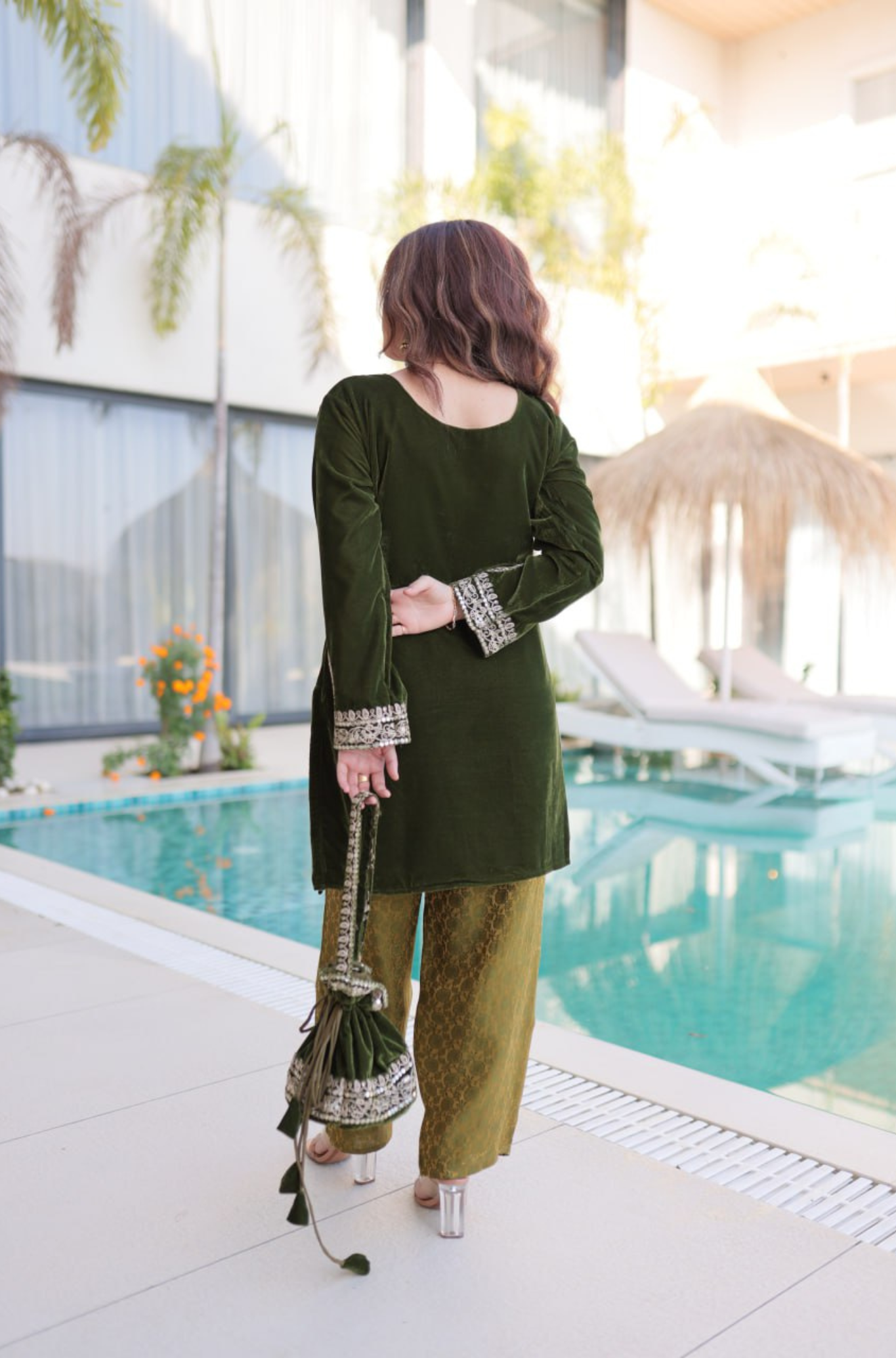 Designer Velvet Kurti Palazzo Set with Potli Bag for Women