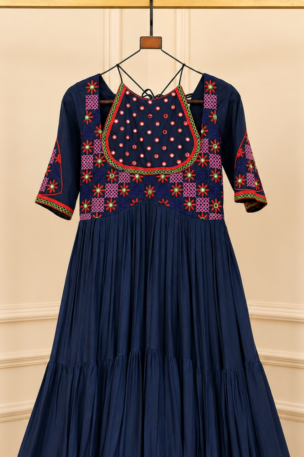 Women’s Designer Anarkali Gown with Embroidered Yoke, Flared Tiered Silhouette & 3/4 Sleeves | Festive Ethnic Wear