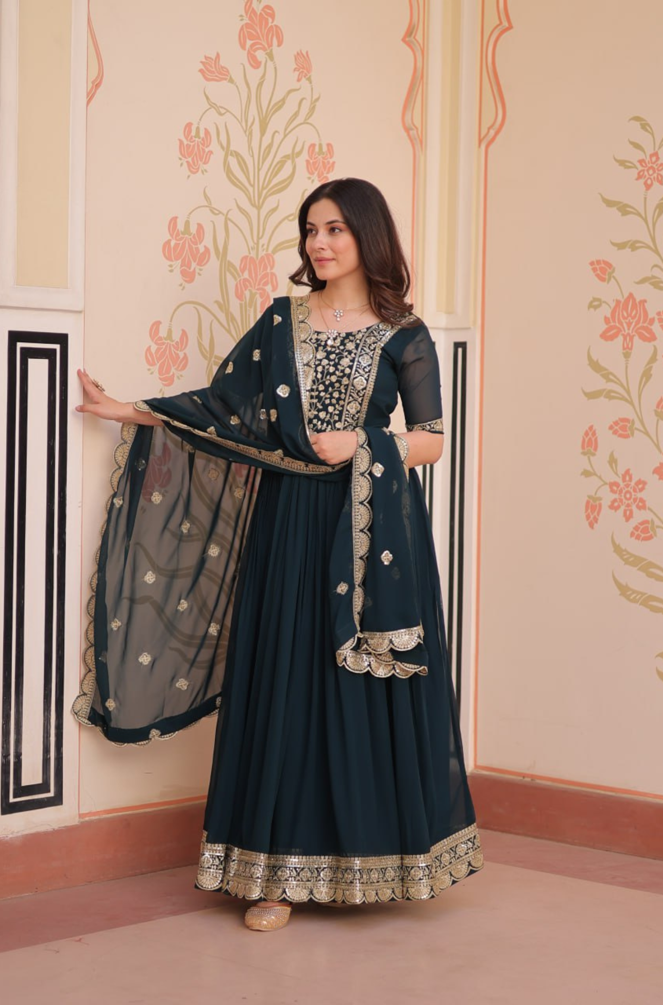 Women's Embroidered Anarkali Gown with Dupatta
