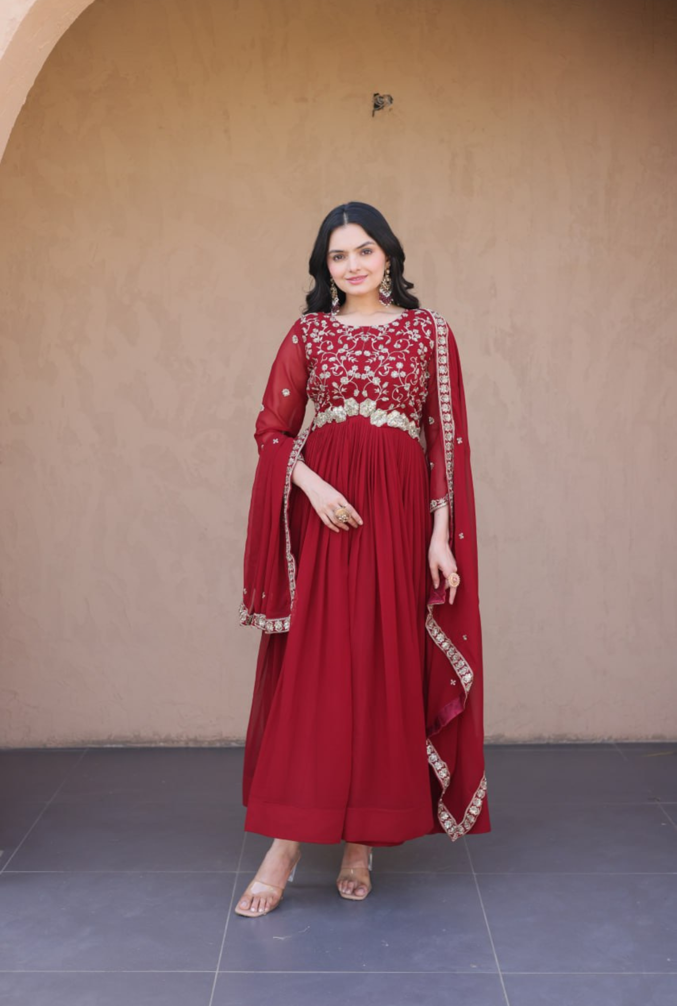 Women Embroidered Faux Blooming Anarkali Gown with Dupatta