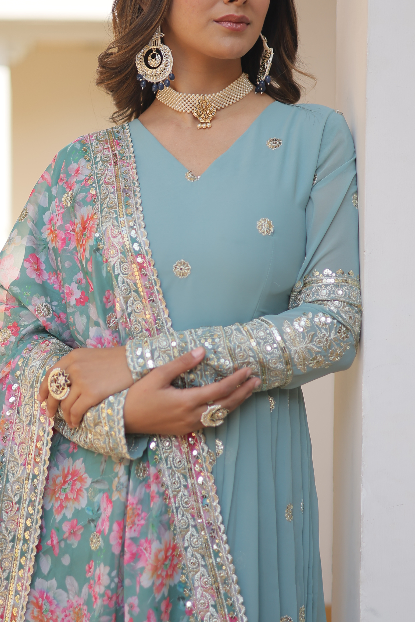 Women's Designer Sequins Embroidered Anarkali Gown with Floral Printed Dupatta