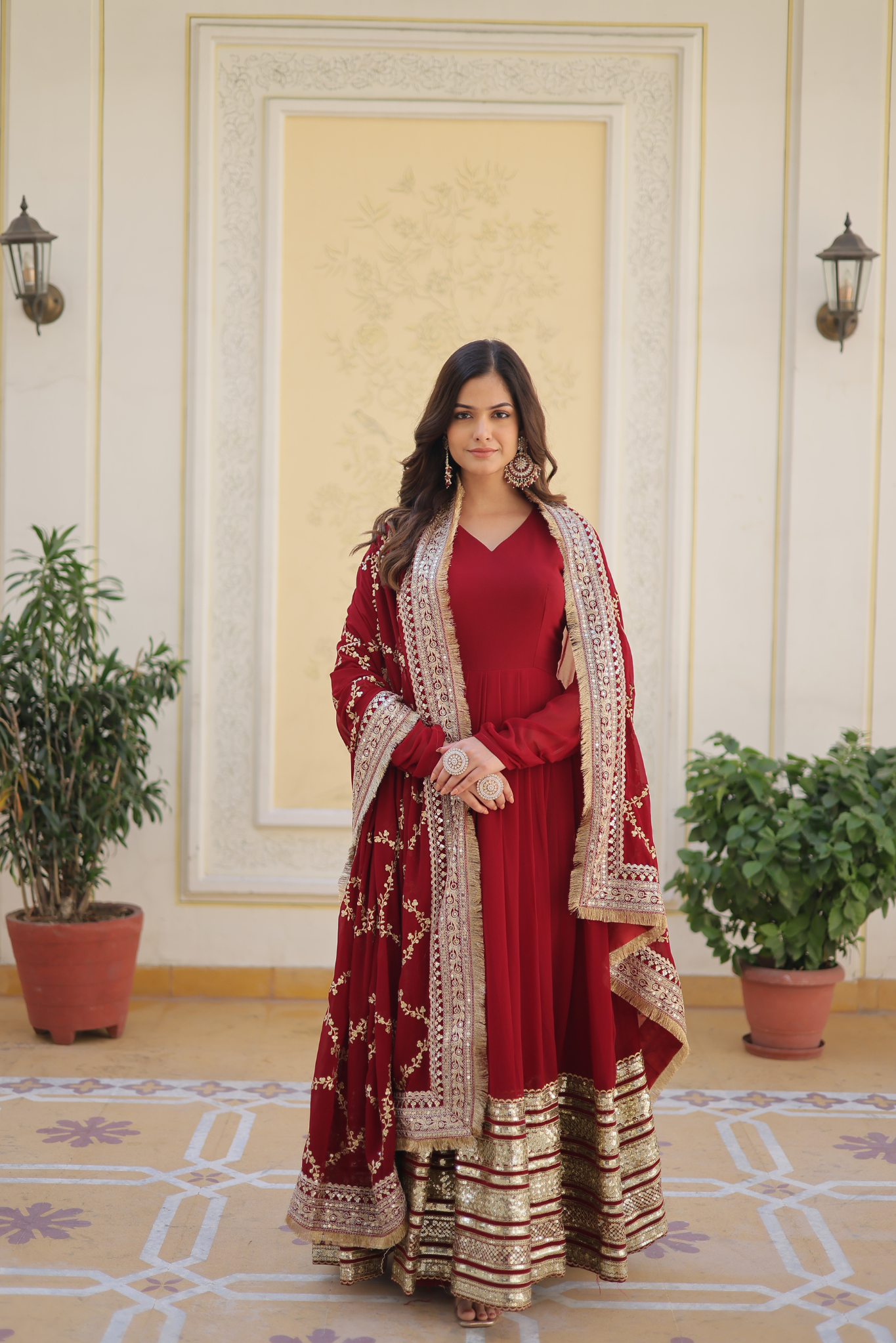 Women's Maroon Embroidered Anarkali Gown with Dupatta