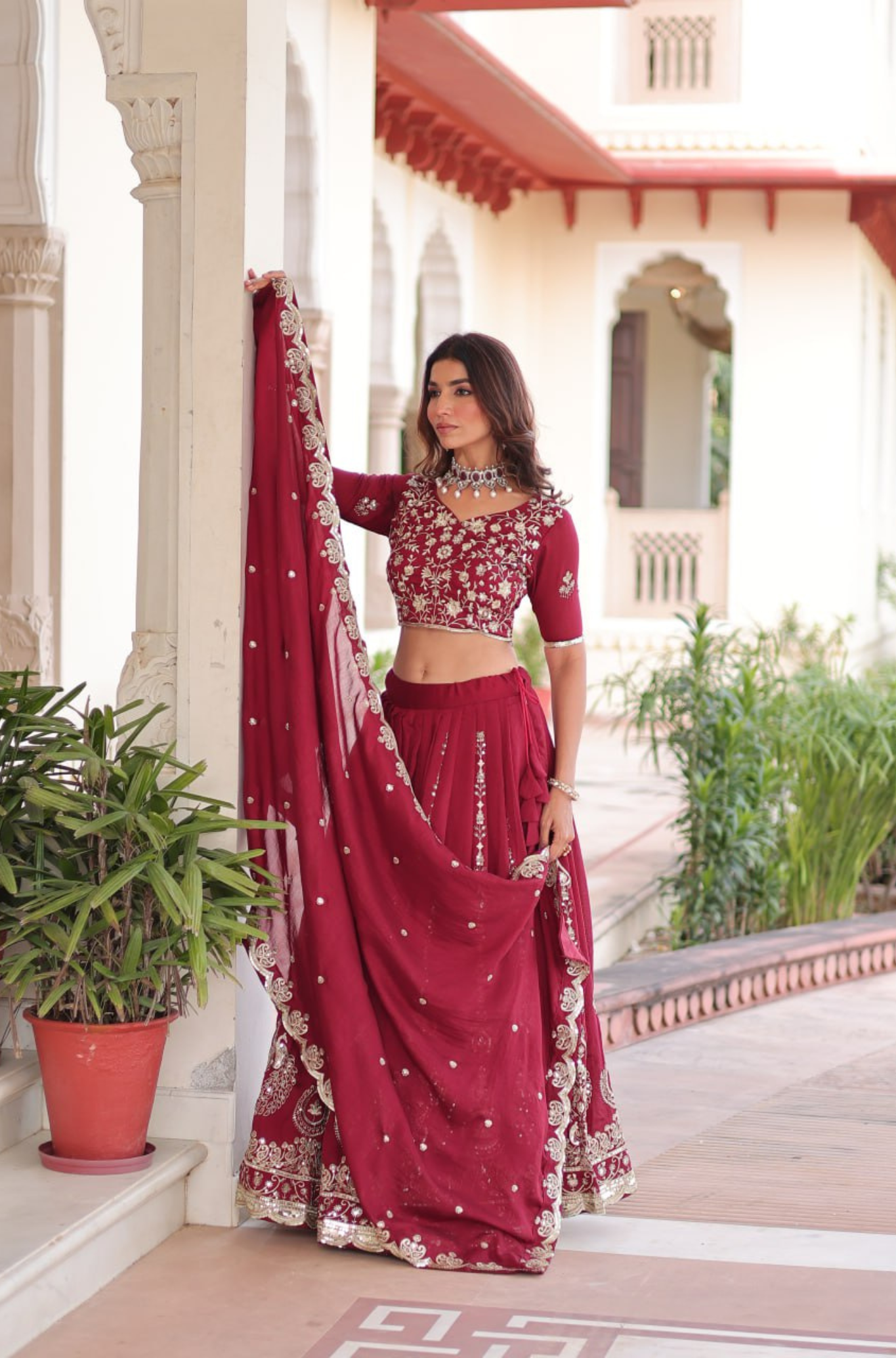 Traditional Maroon Bridal Embroidered Lehenga Choli Set for Women