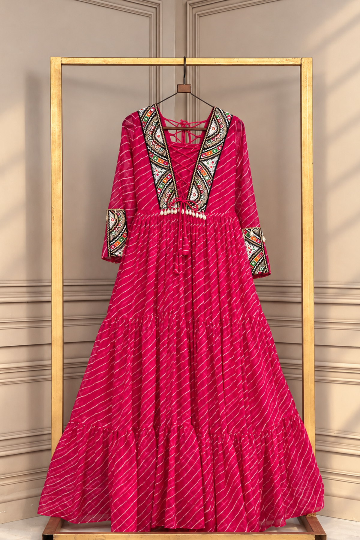 Designer Printed Anarkali Gown with Embroidered Yoke & Flared Skirt