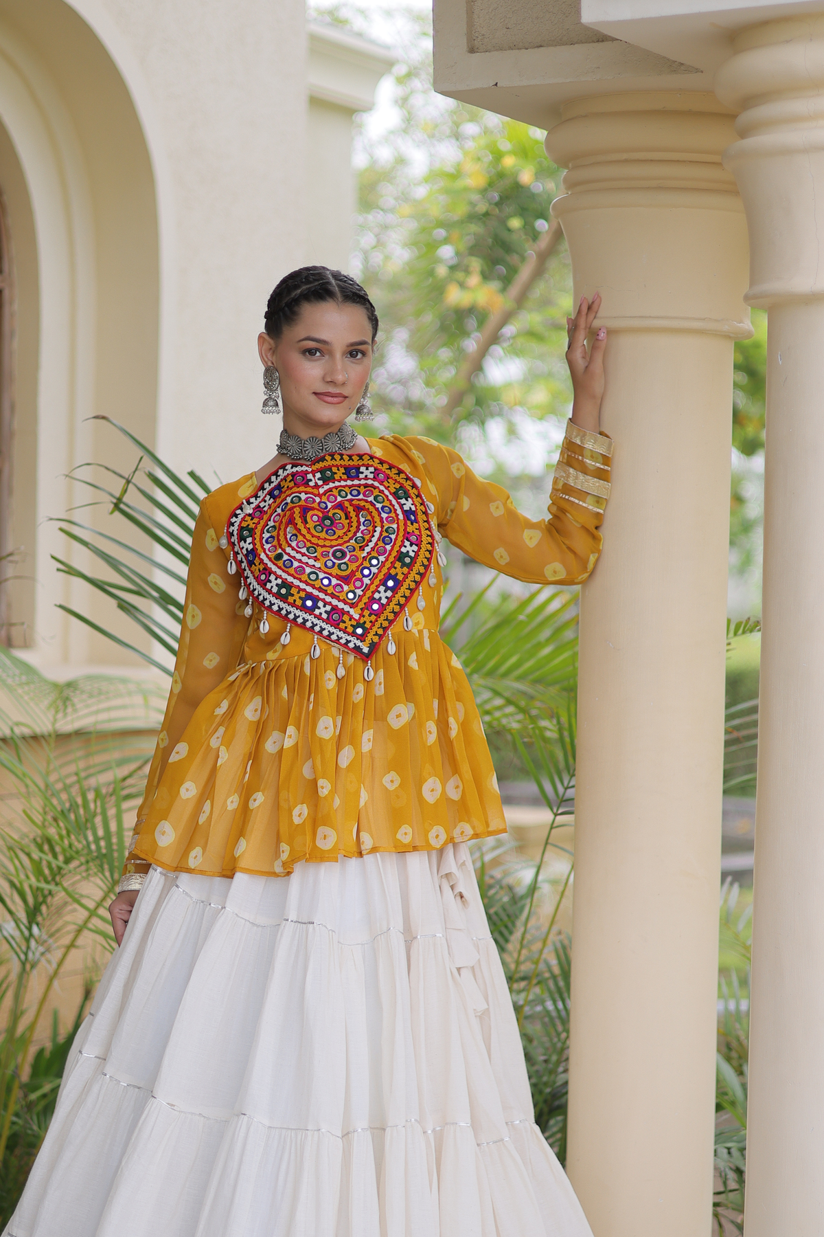 Women’s Designer Black Embroidered Peplum Top with White Flared Lehenga Skirt