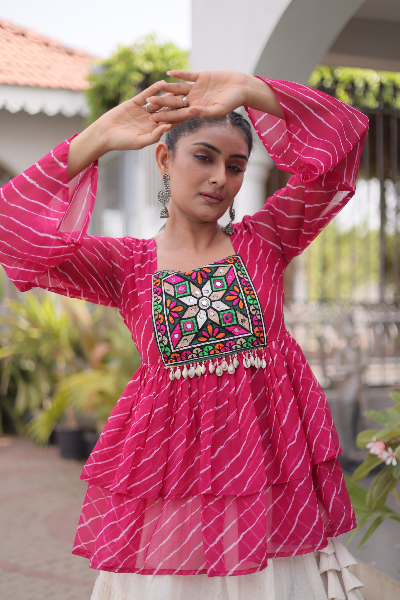 Women's Designer Kutchi Gamthi Peplum Top with Tiered Lehenga Skirt Set