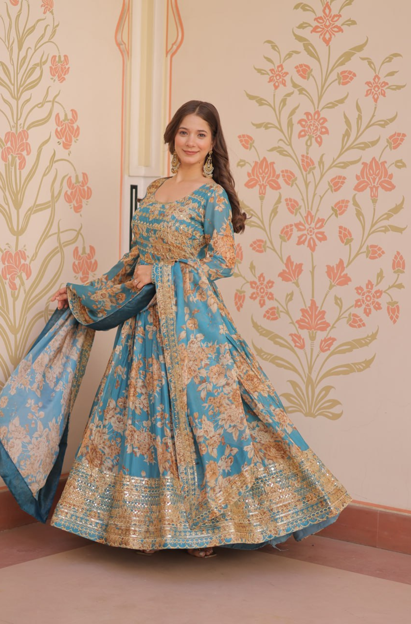 Women's Designer Floral Anarkali Gown Dupatta Set