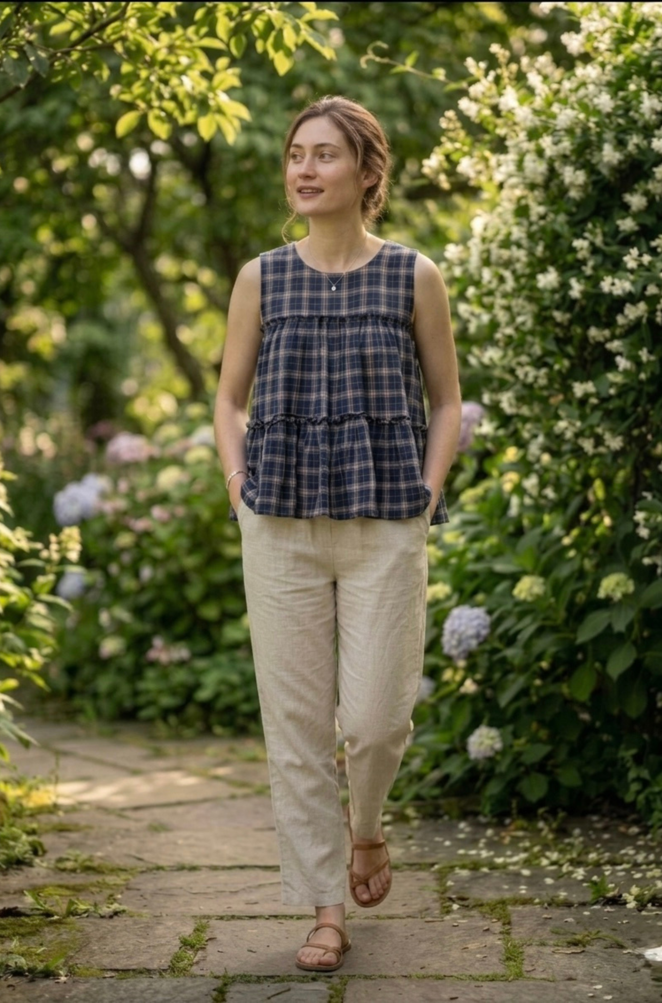 Women Sleeveless Checked Cotton Peplum Top with Straight Pant Co-Ord Set