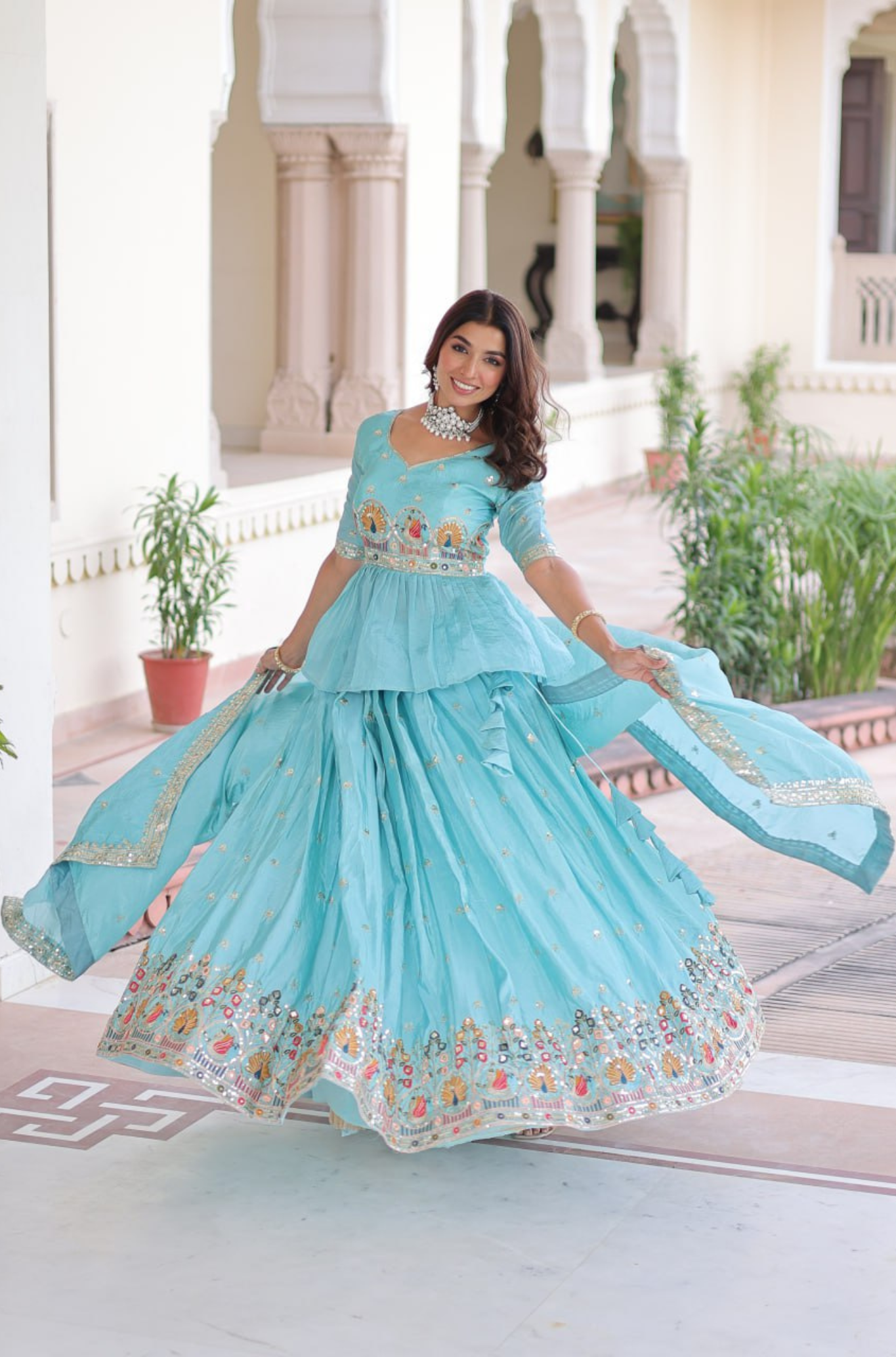 Aqua Blue Designer Embroidered Lehenga Choli Set for Women