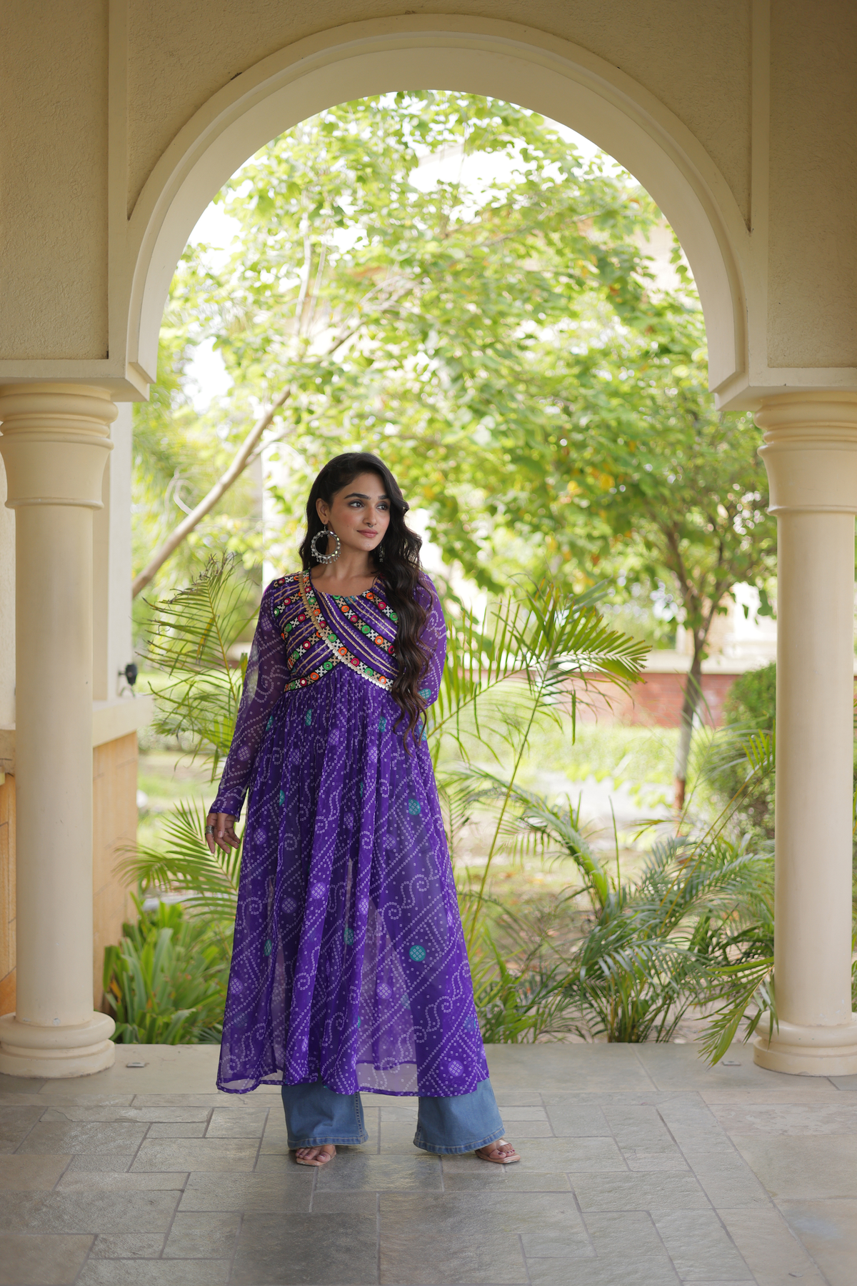 Women’s Long Anarkali Kurti with Ethnic Print & Embroidery