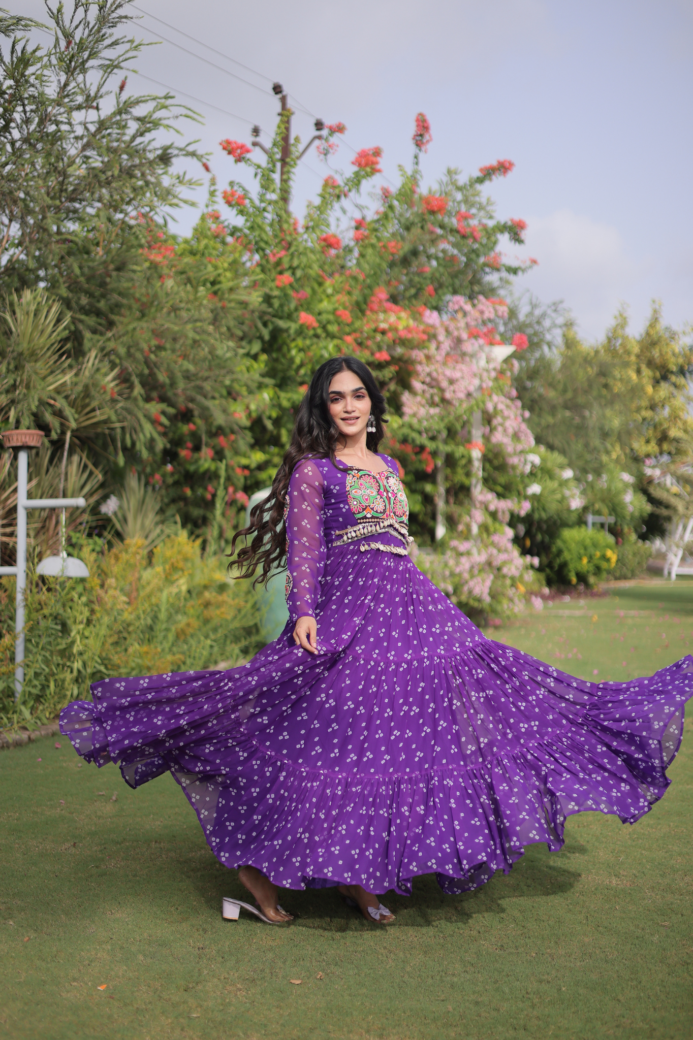 Women's Handcrafted Mirror Work Tiered Anarkali Gown