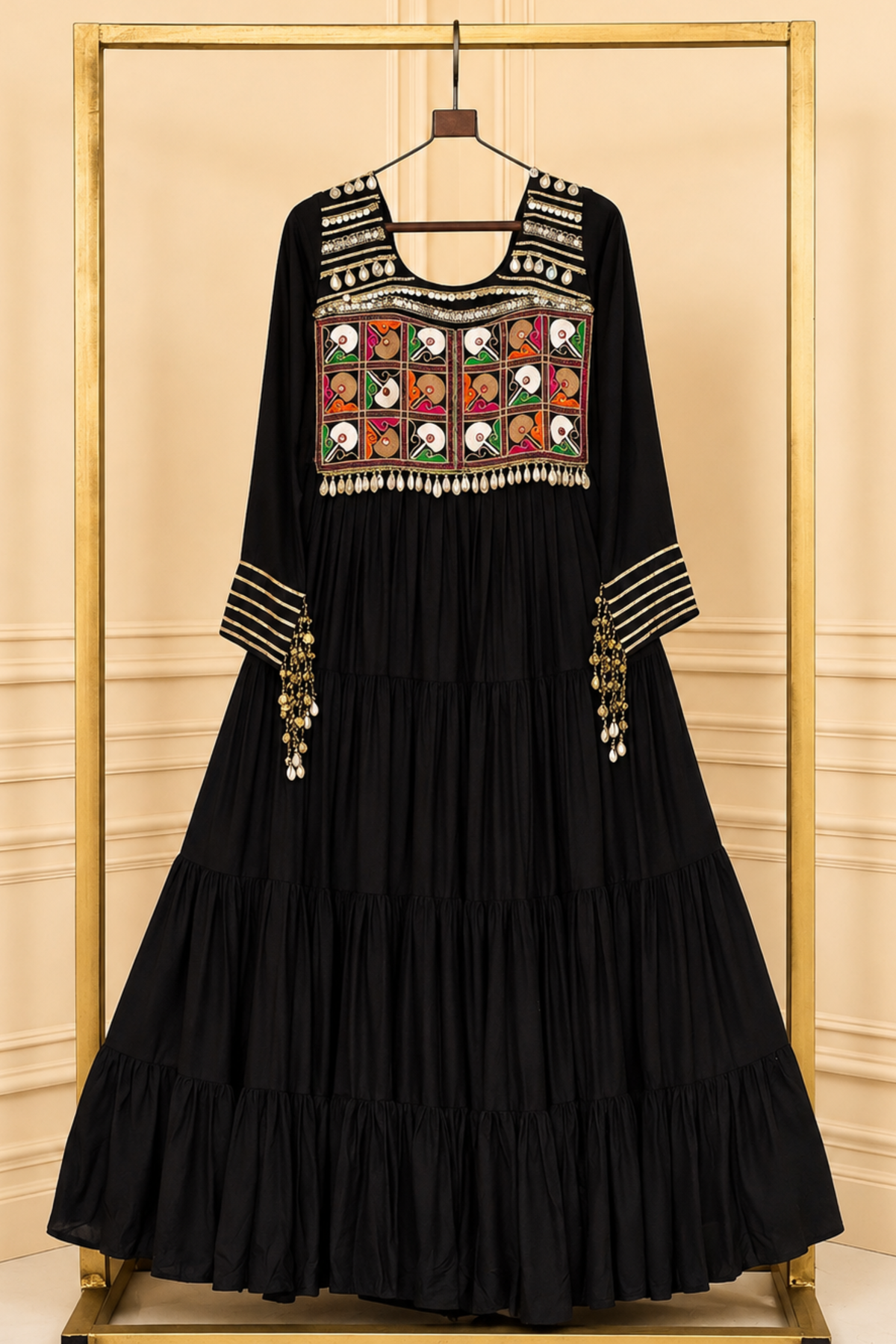 Women's Handcrafted Mirror Work Tiered Anarkali Gown