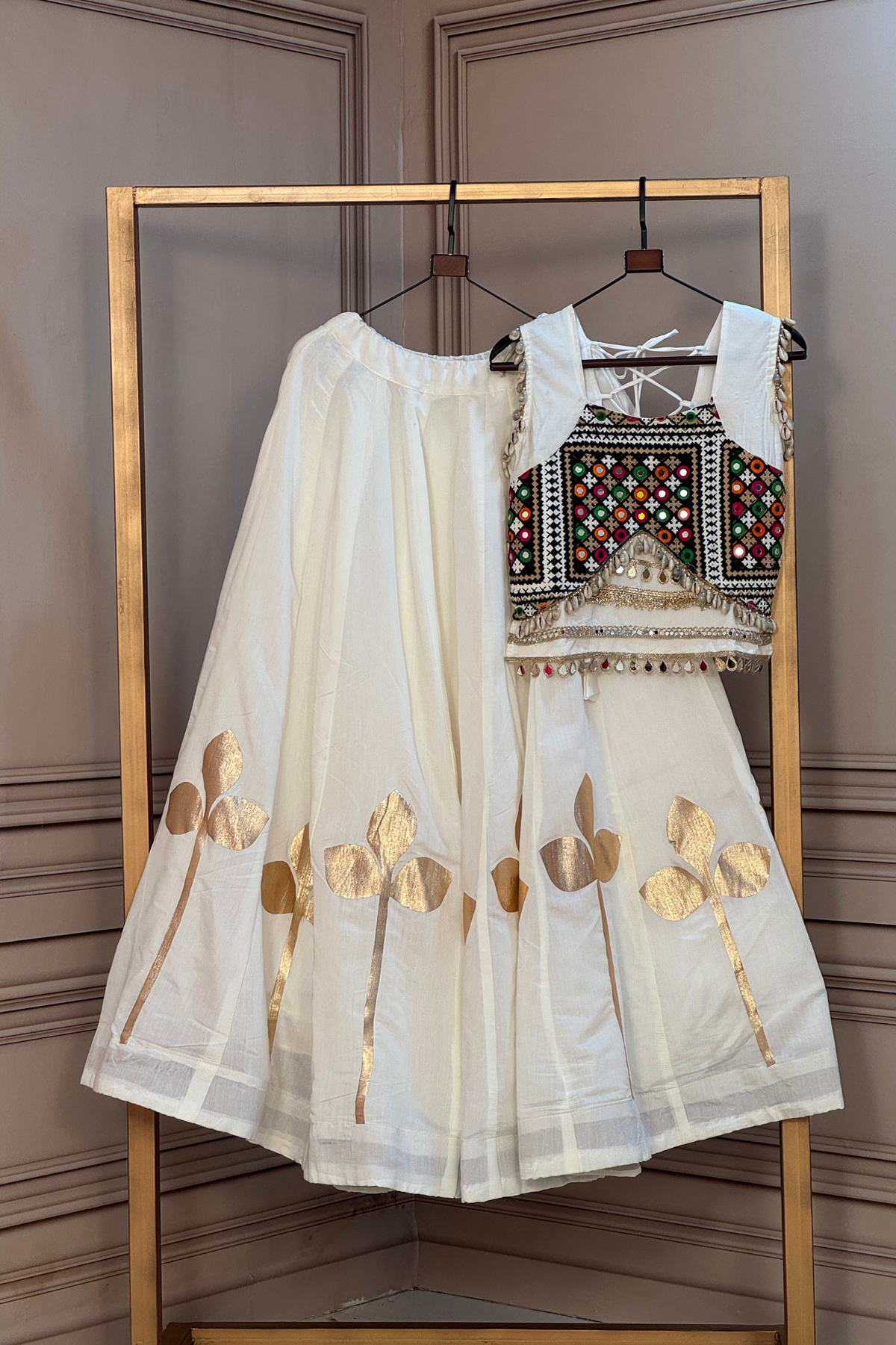 Designer Foil Printed Lehenga Choli with Mirror Work & Flared Skirt