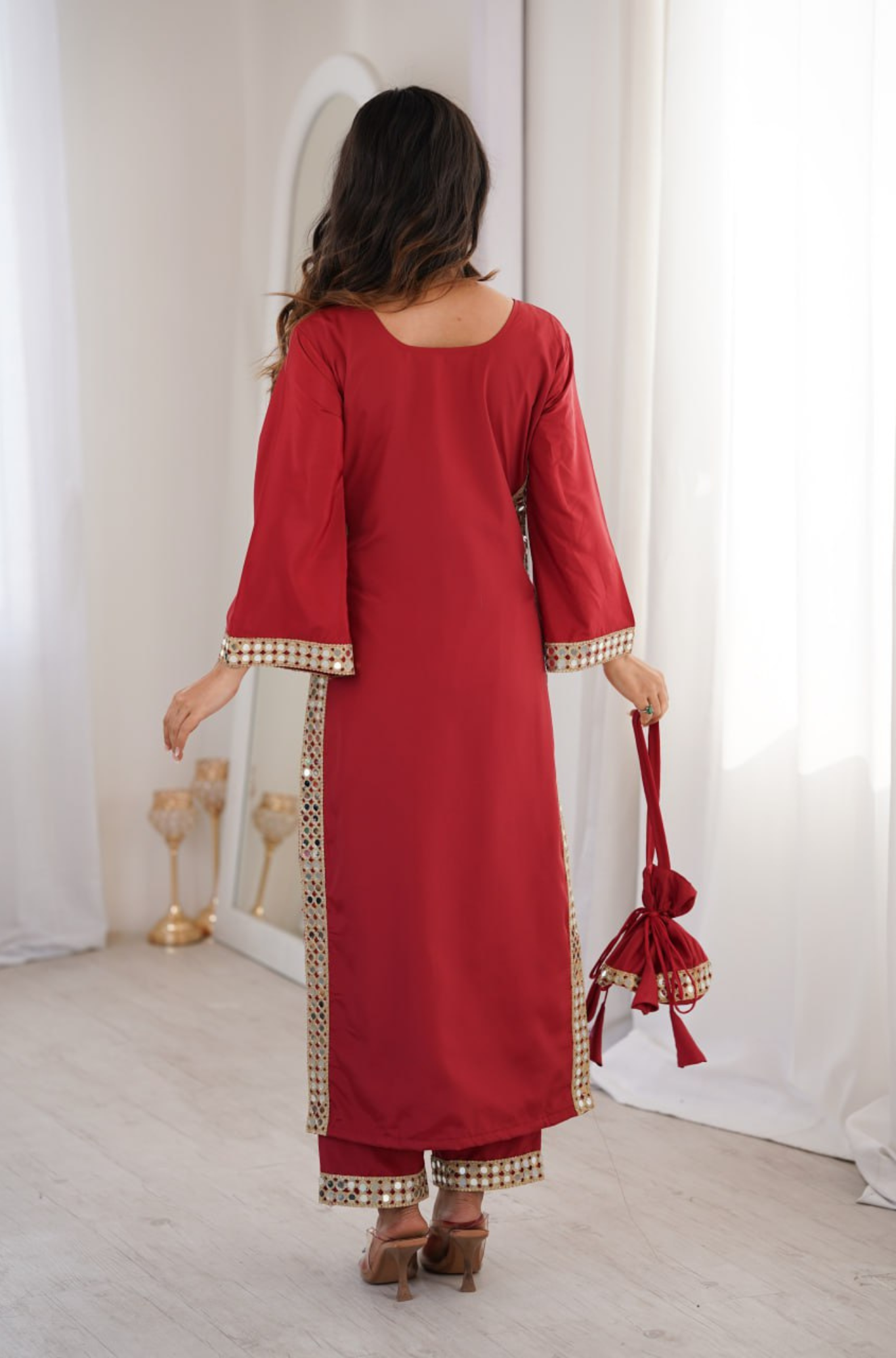 Women's Mirror Work Kurti Pant Set with Batwa Bag