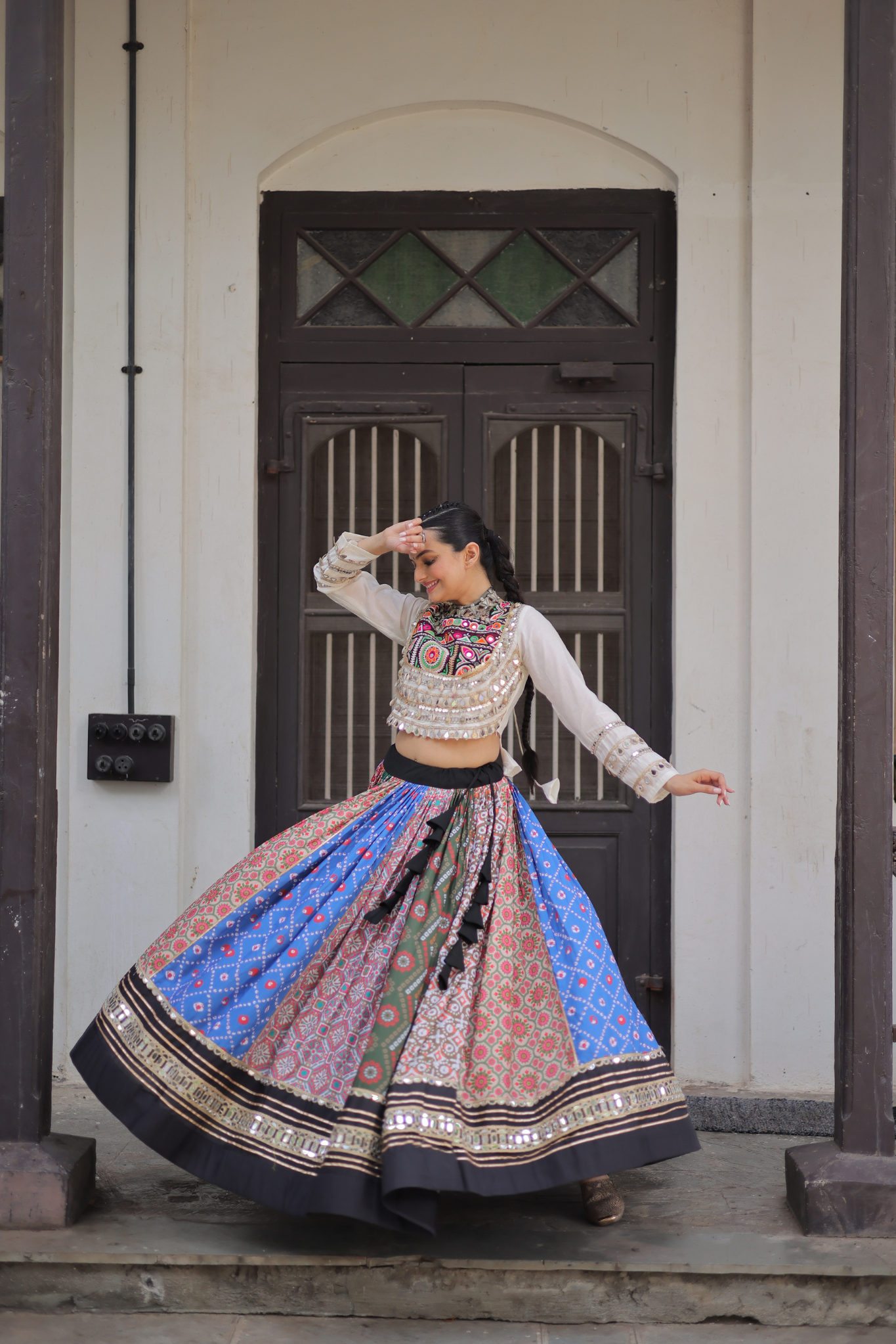 Women's Designer Kutchi Gamthi Patchwork Lehenga Choli Set with Mirror Work