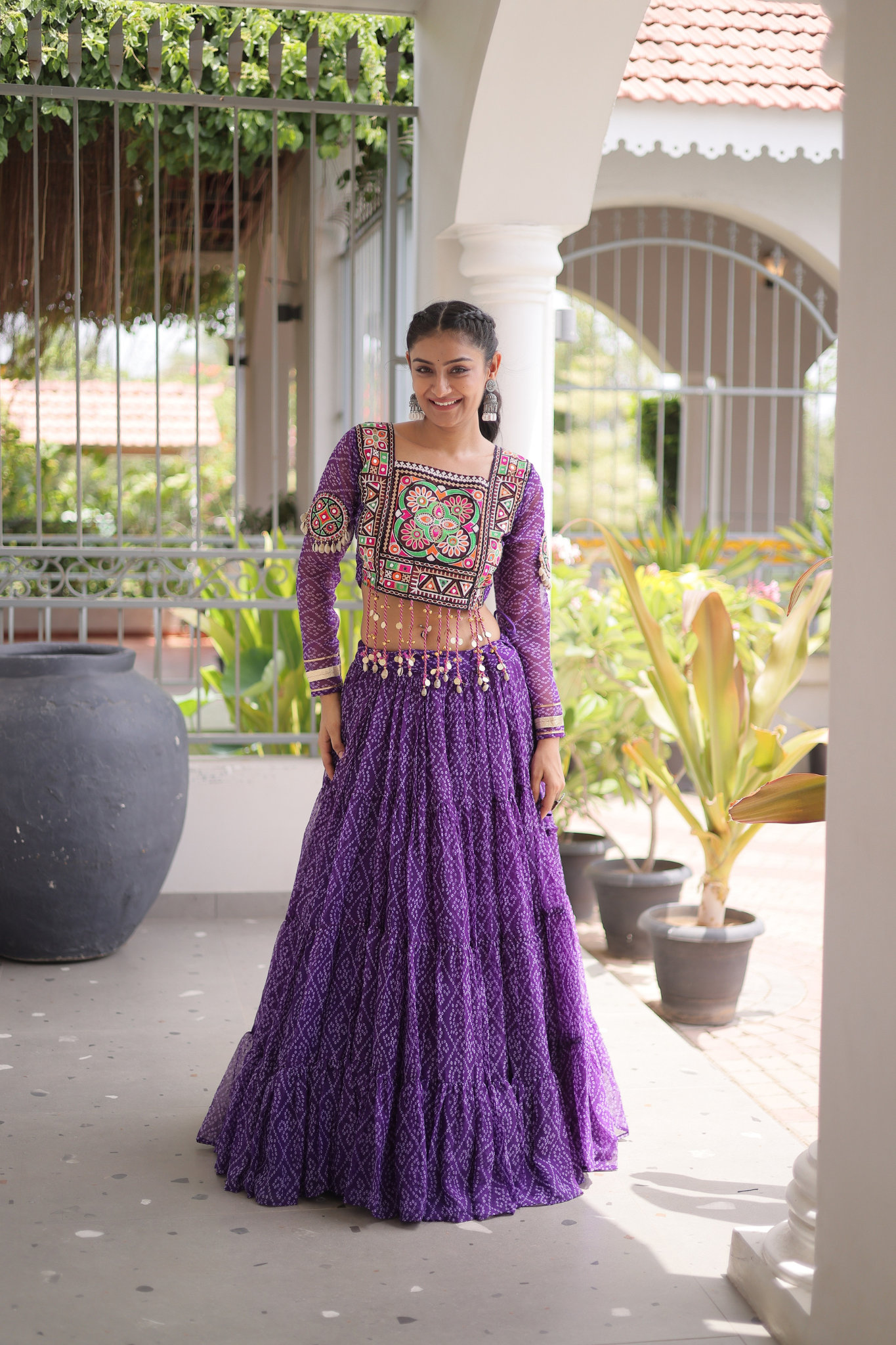 Women's Bandhani Printed Navratri Lehenga Choli Set with Kutchi Gamthi Embroidered Mirror Work Blouse
