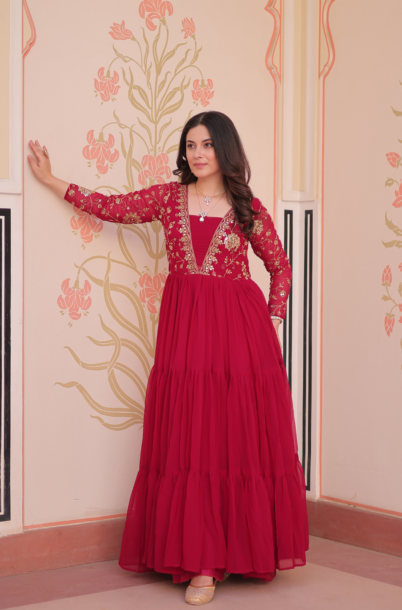 Women's Designer Embroidered Tiered Anarkali Gown
