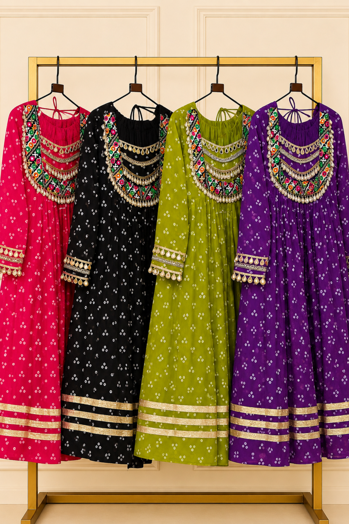 Women’s Bandhani Print Anarkali Kurta with Embroidered Yoke & Gota Patti Work
