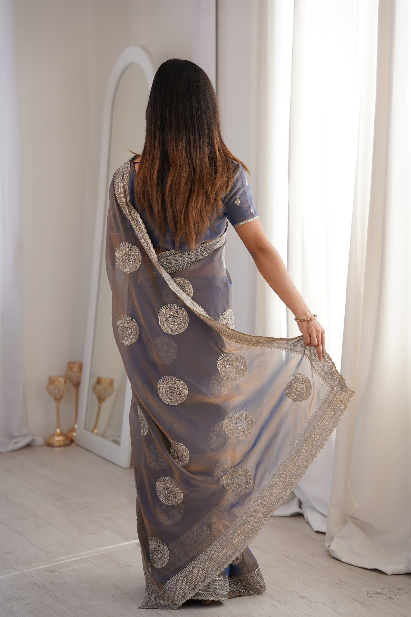 Women Organza Saree with Silver Zari Embroidery Border