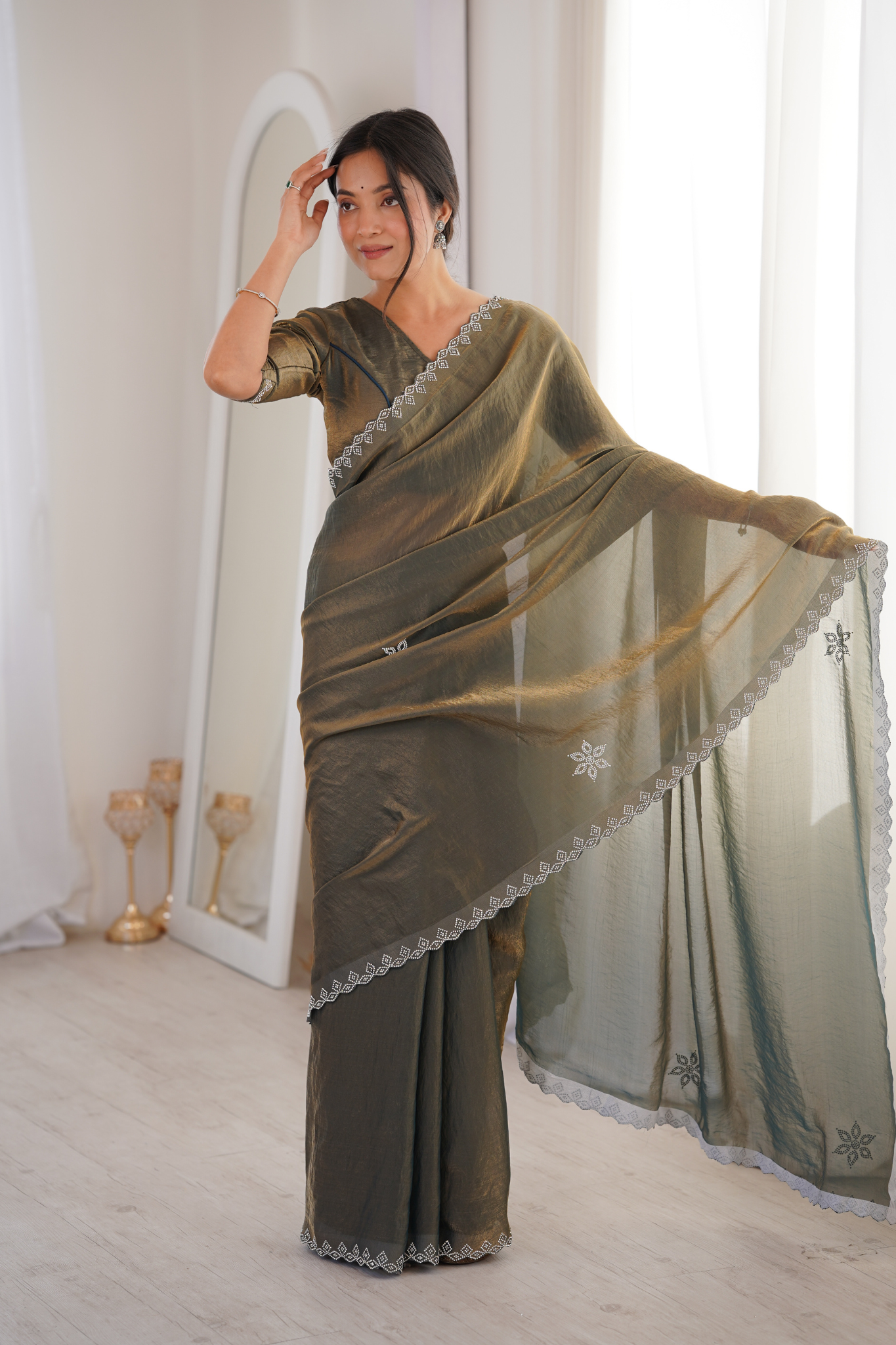 Women Tissue Silk Saree with Silver Border Embroidery