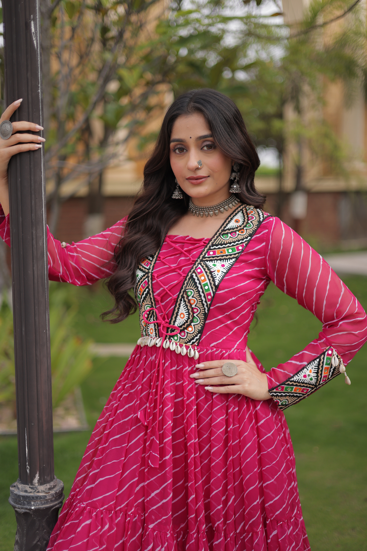 Designer Printed Anarkali Gown with Embroidered Yoke & Flared Skirt