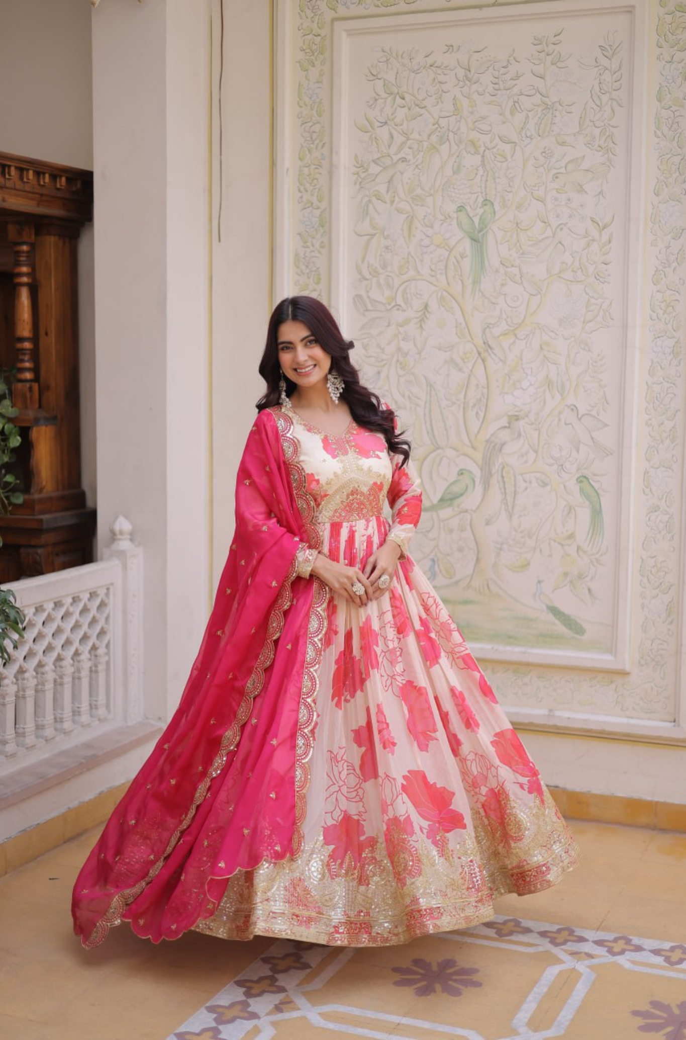 Luxury Floral Printed Anarkali Gown for Women with Embroidered Dupatta