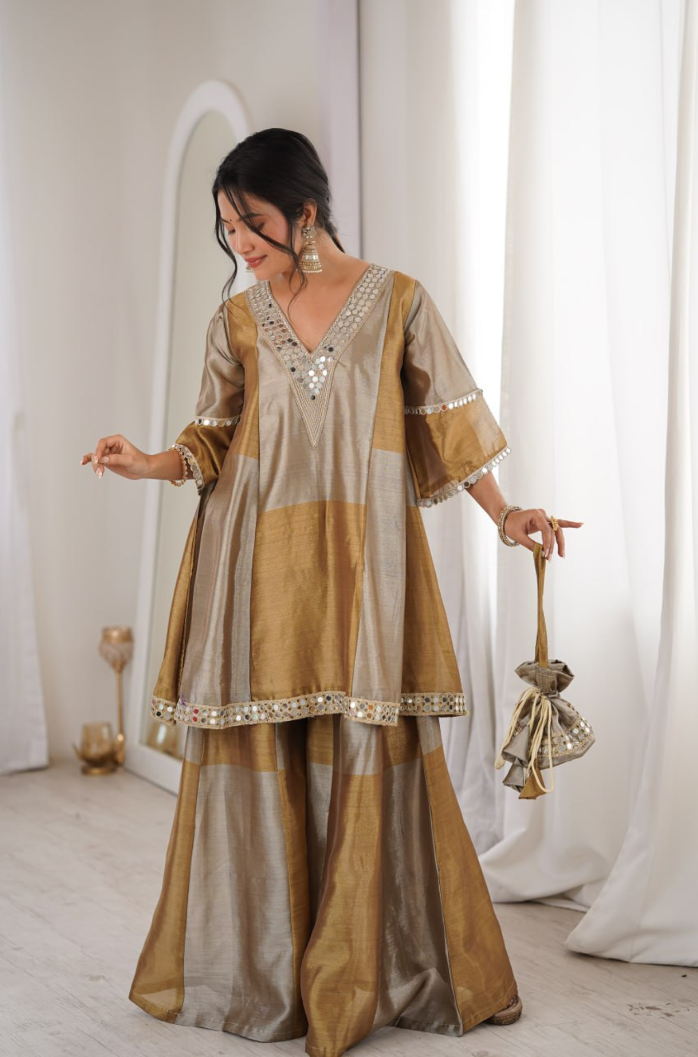 Women Mirror Work Silk Blend Kurta with Palazzo Set