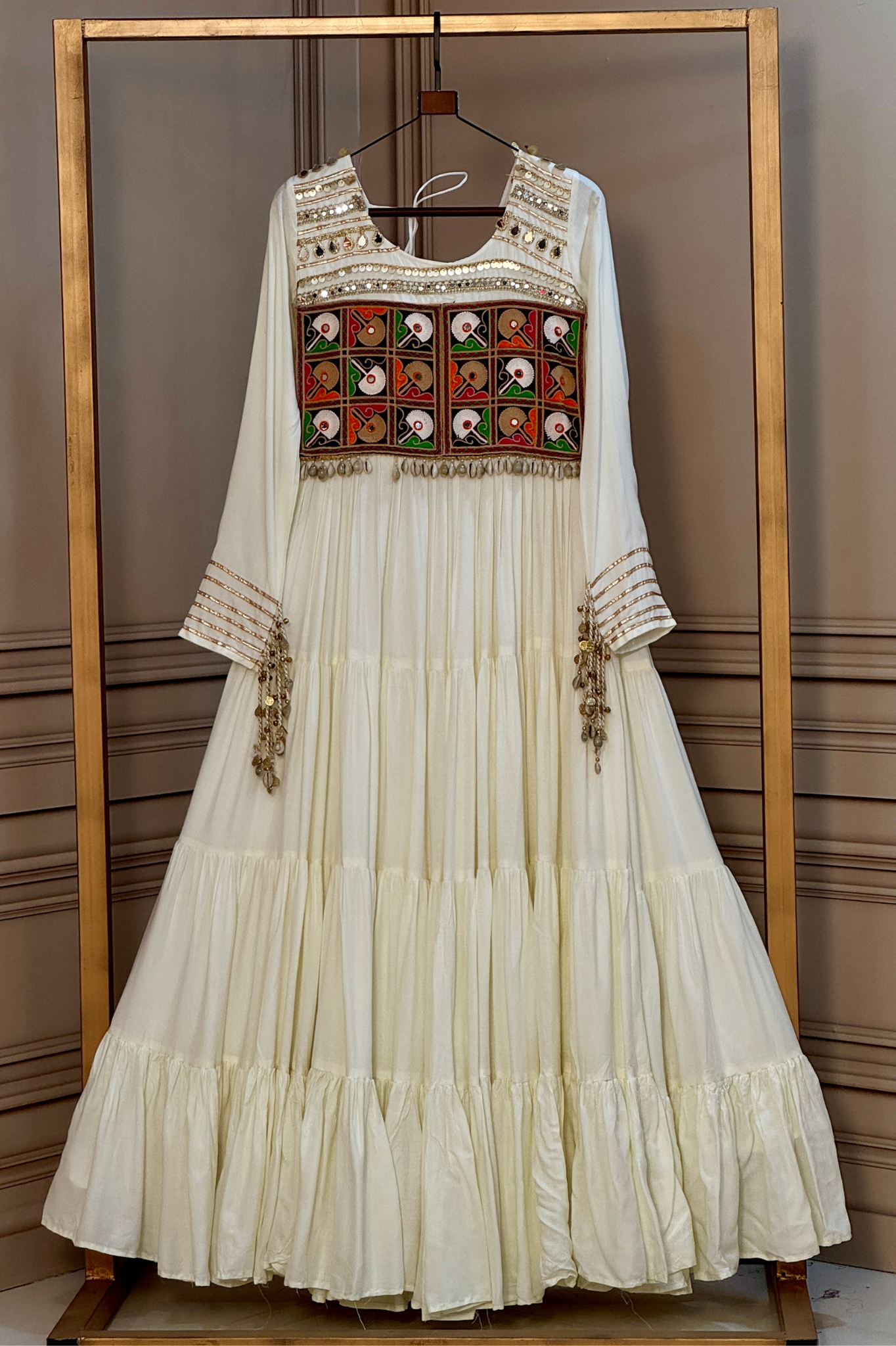 Women's Handcrafted Mirror Work Tiered Anarkali Gown
