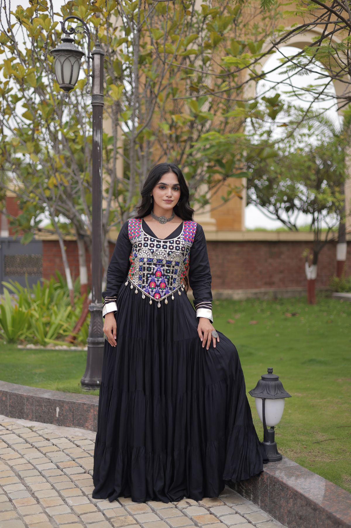 Designer Embroidered Koti Gown with Mirror Work & Flared Skirt