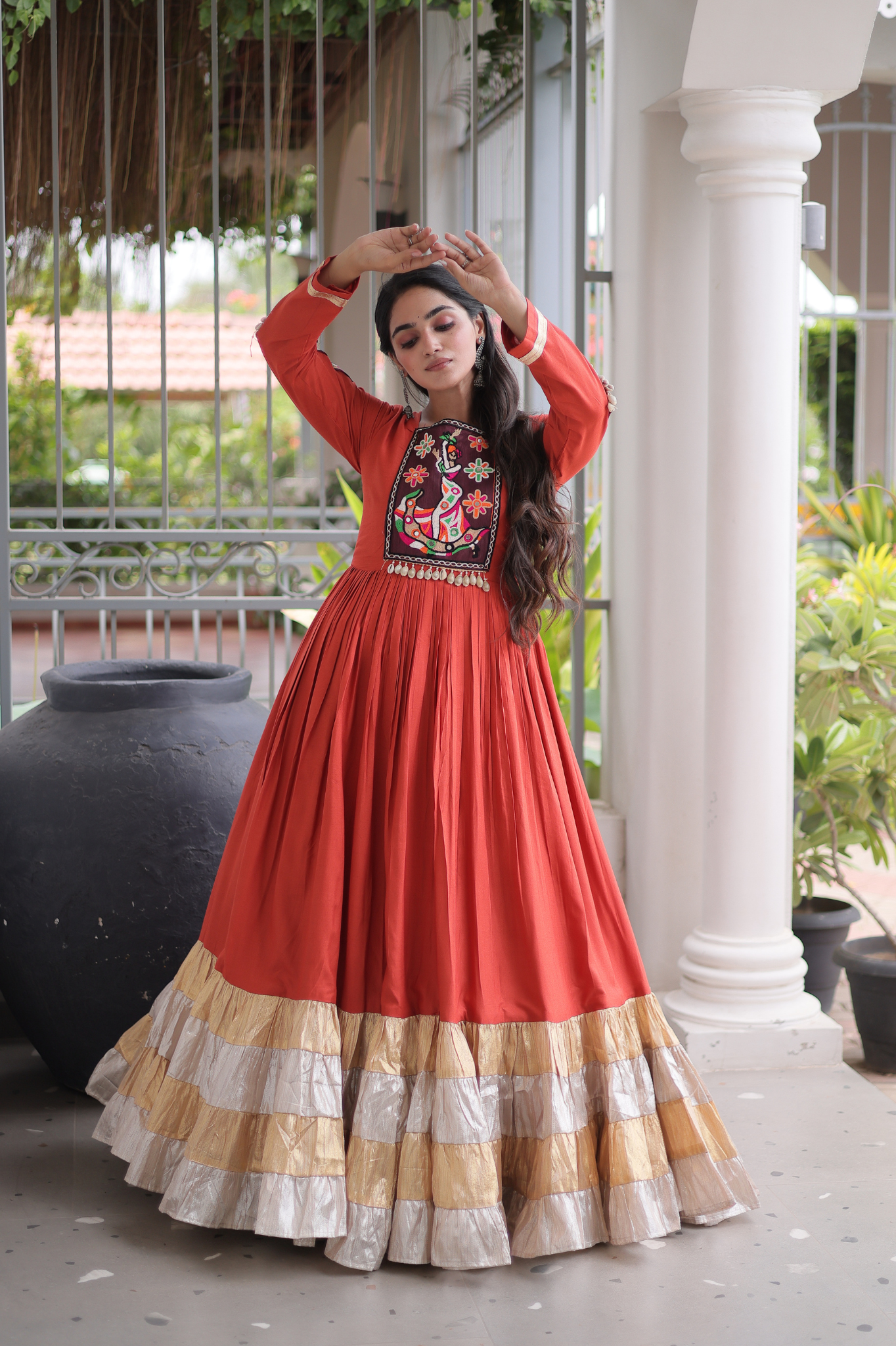 Women's Handcrafted Mirror Work Tiered Anarkali Gown