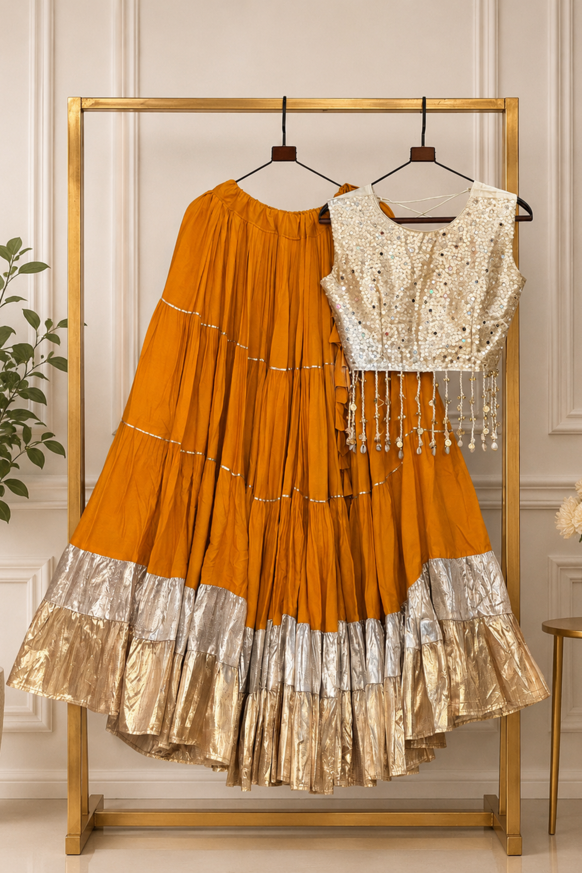 Women’s Burgundy Ethnic Lehenga Choli Set with Gold Sequin Blouse