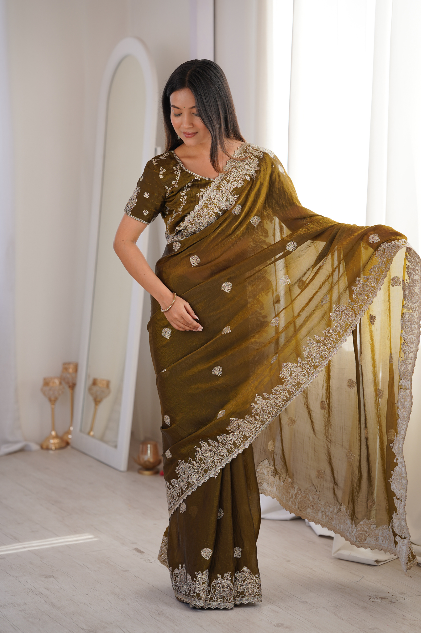 Women Designer Organza Saree with Heavy Embroidered Border