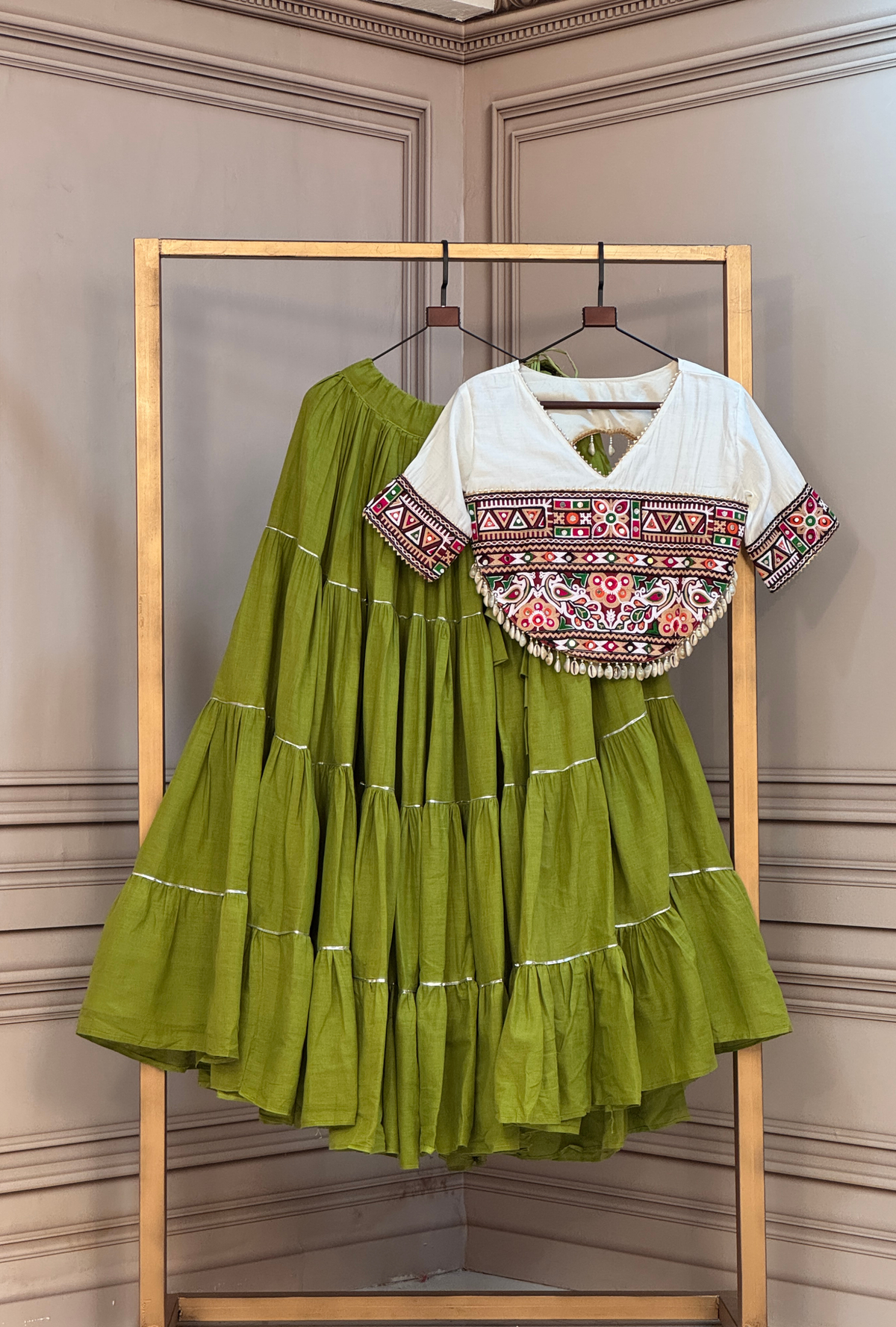 Premium Kutchi Embroidered Blouse with Gota Patti Lehenga Set