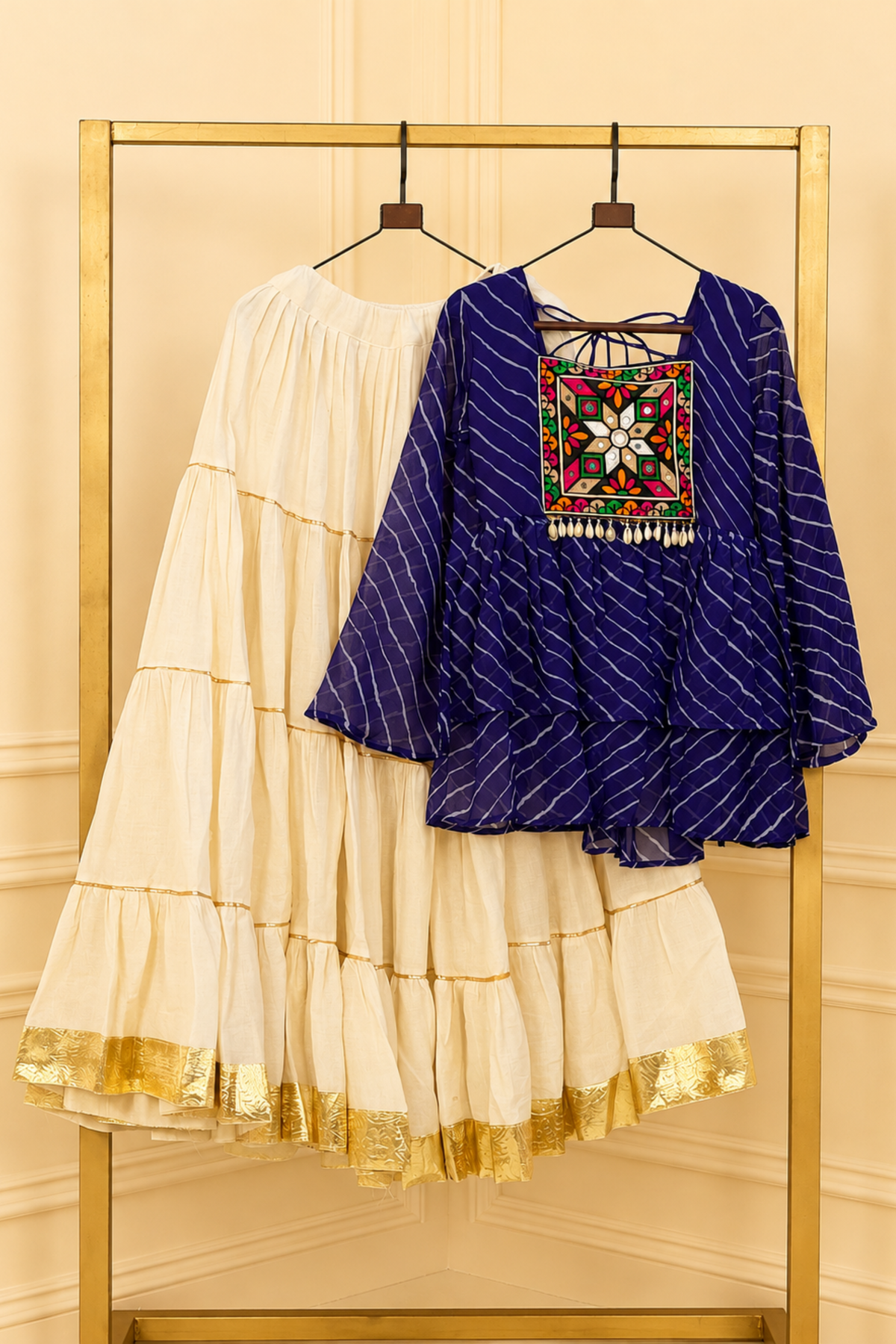 Women’s Ethnic Skirt Top Set with Bandhani Print & Kutchi Embroidery | Festive Wear