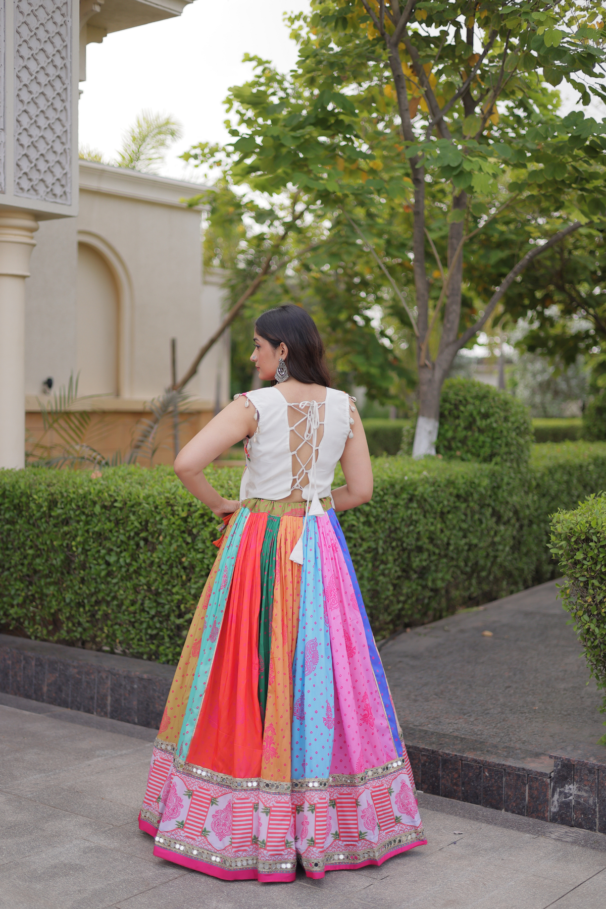 Designer Embroidered Choli with Printed Panelled Flared Lehenga