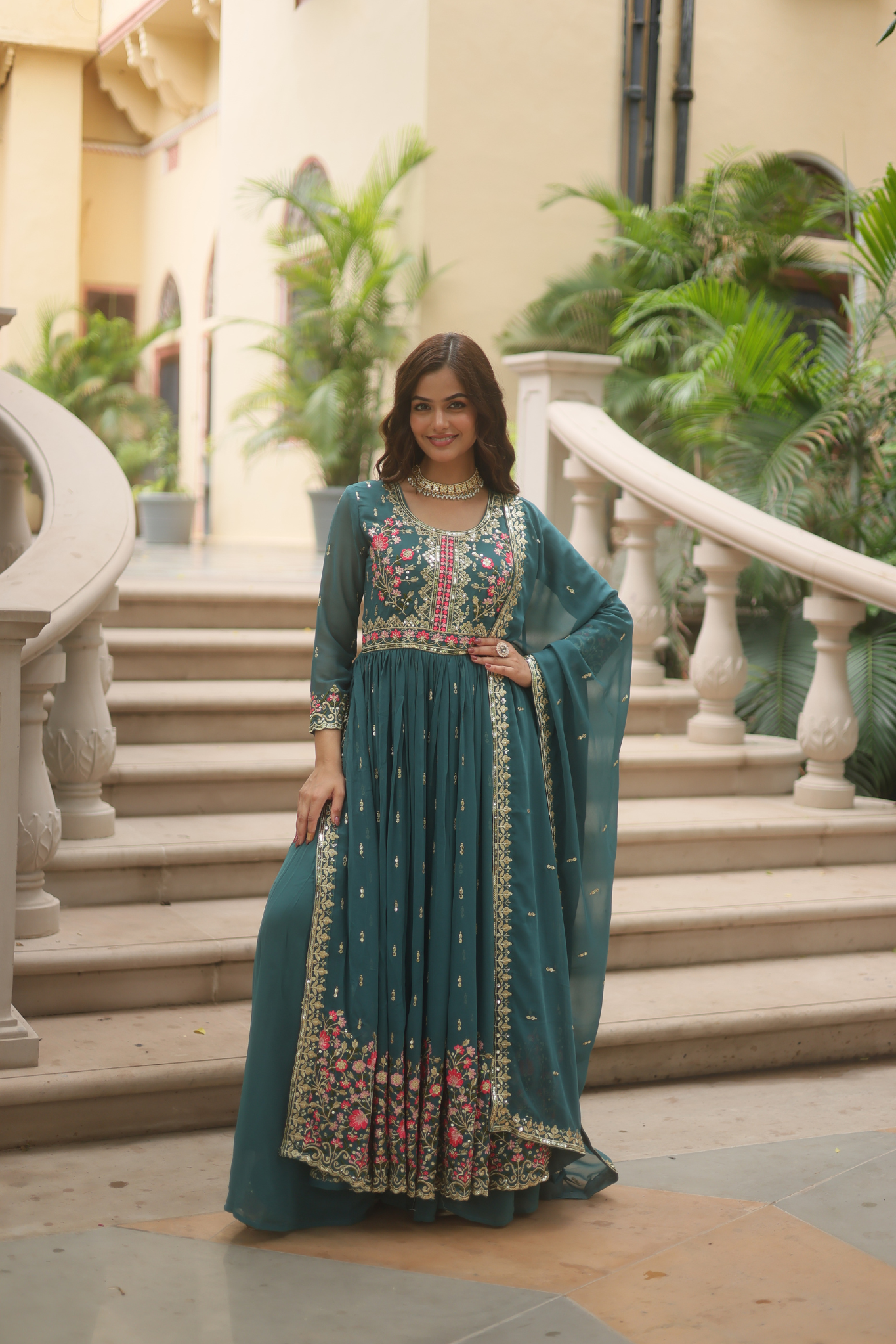 Women's Designer Floral Embroidered Anarkali Gown with Dupatta