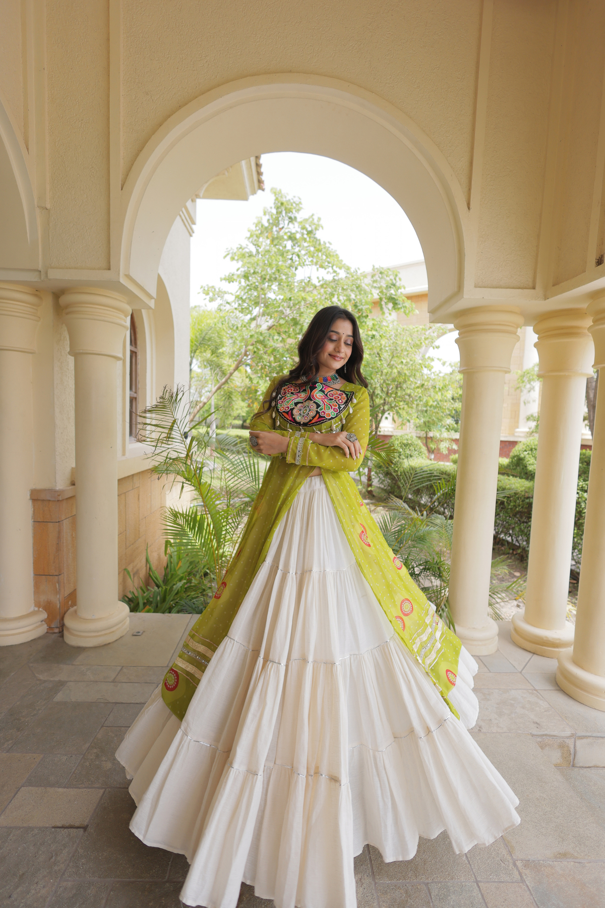 Designer Navratri Lehenga with Traditional Embellished Shrug & Flared Skirt